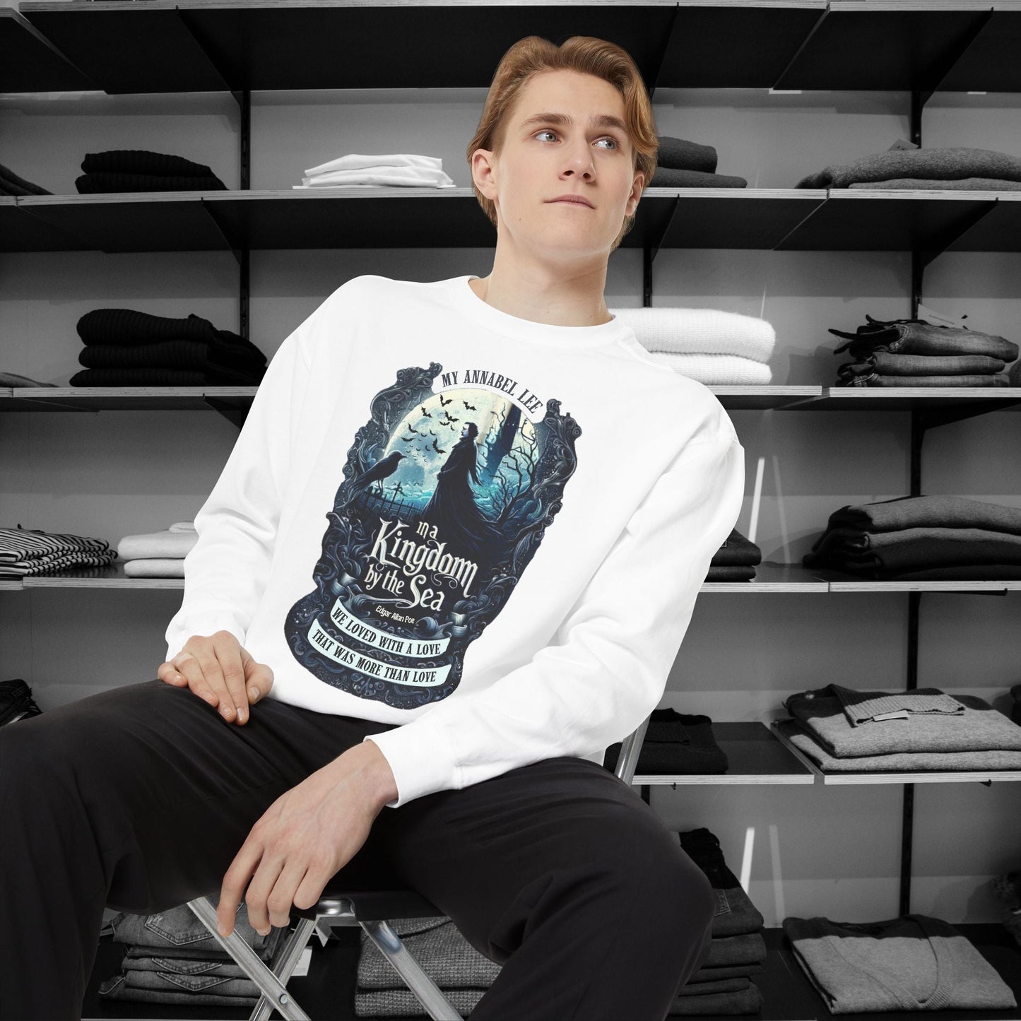 Step into the haunting beauty of Edgar Allan Poe’s timeless poem with our Poetry Clothing line, This Annabel Lee Sweatshirt Features a moonlit sea and gothic castle