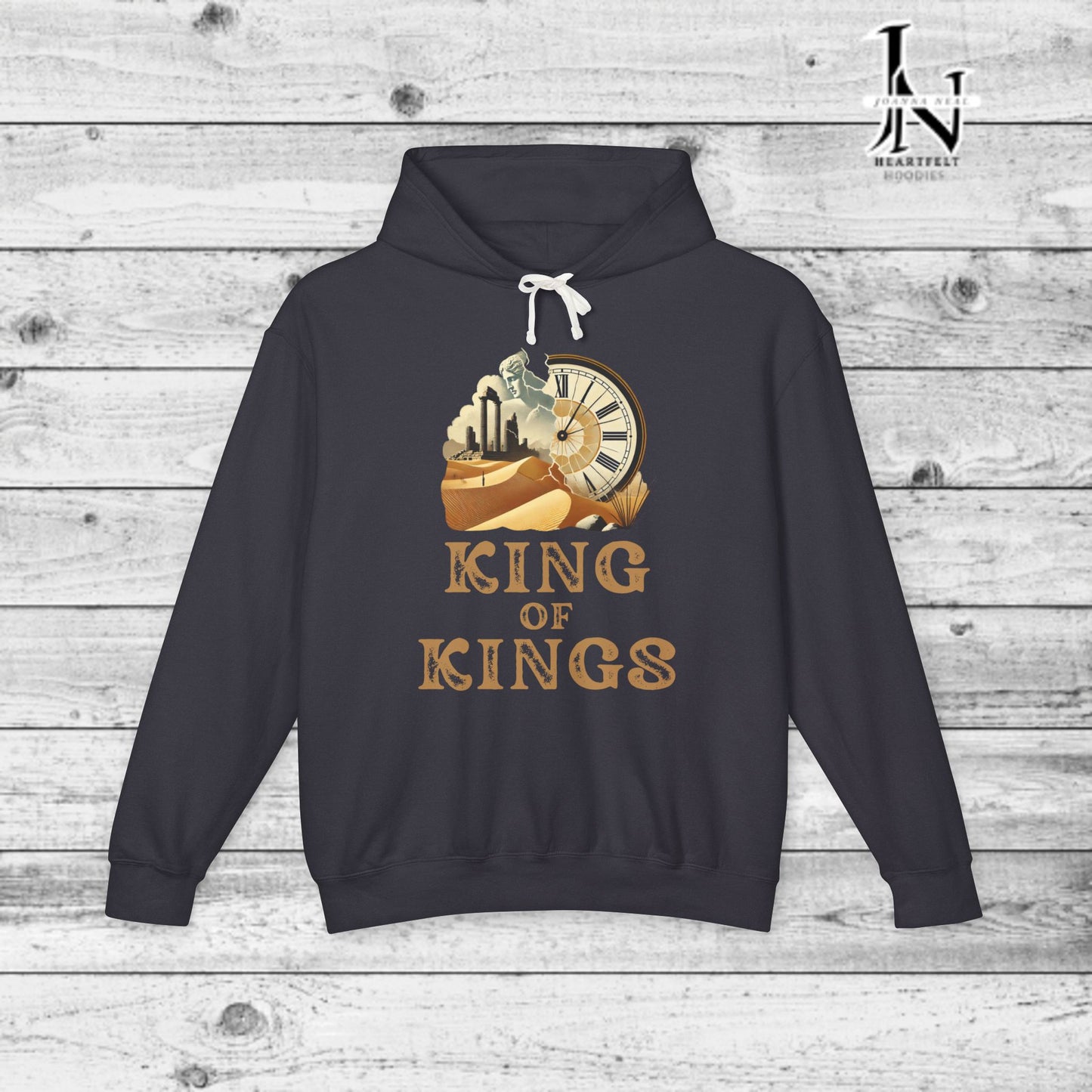 Poetry Clothing - Featuring a vivid desert sunset, a fallen statue, and the iconic quote, "Look on my works, ye mighty, and despair," this hoodie captures the impermanence of power and the beauty of art. The front features the majestic phrase "King of Kings" with a timeless design showcasing a crumbling statue, a clock symbolizing the passage of time, and desert ruins. On the back, the unforgettable quote, "Look on my works, ye mighty, and despair,