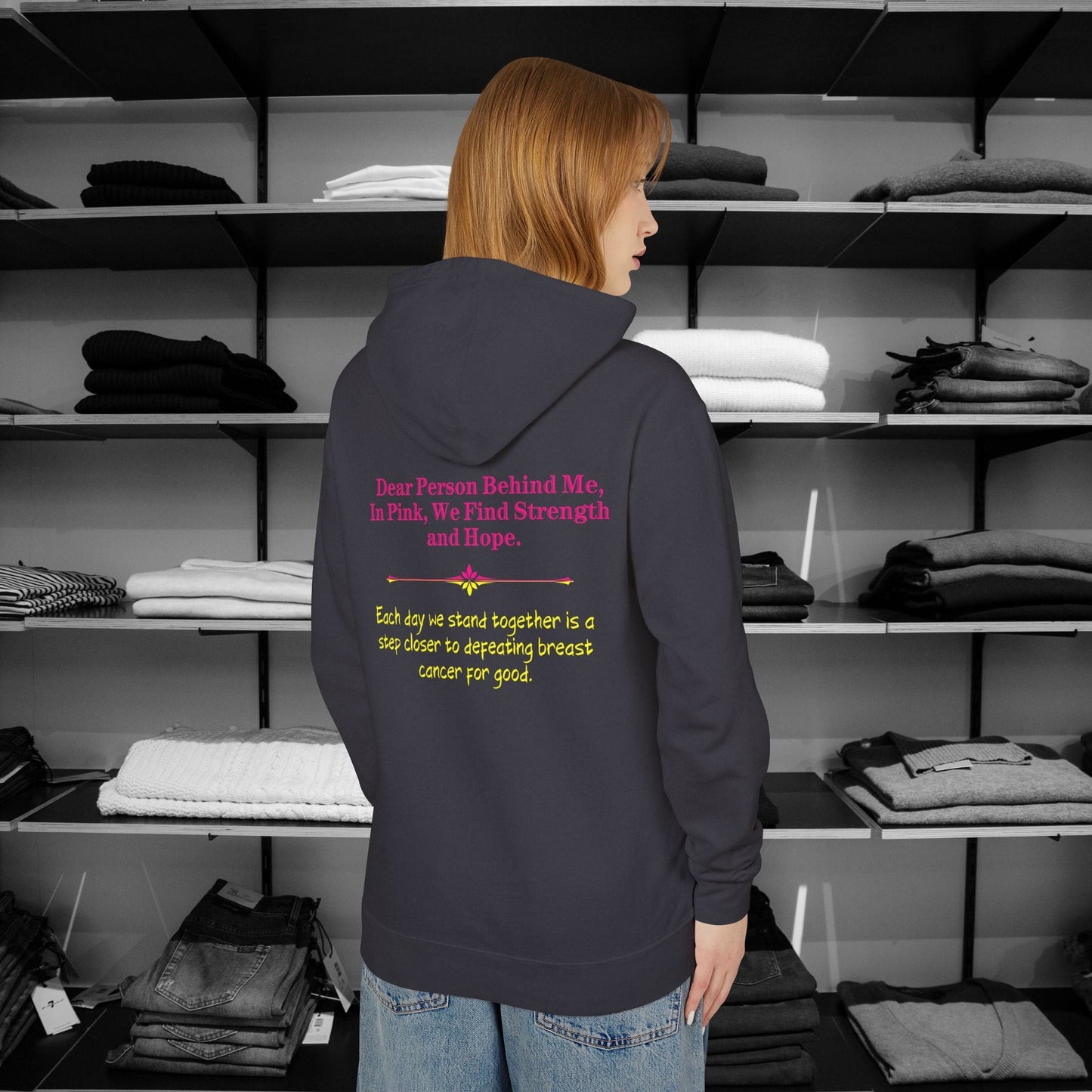 Dear Person Behind Me, In Pink, We Find Strength and Hope. Stand strong and stylish in these empowering christian hoodies that speak to both inner and outer strength. Color Black