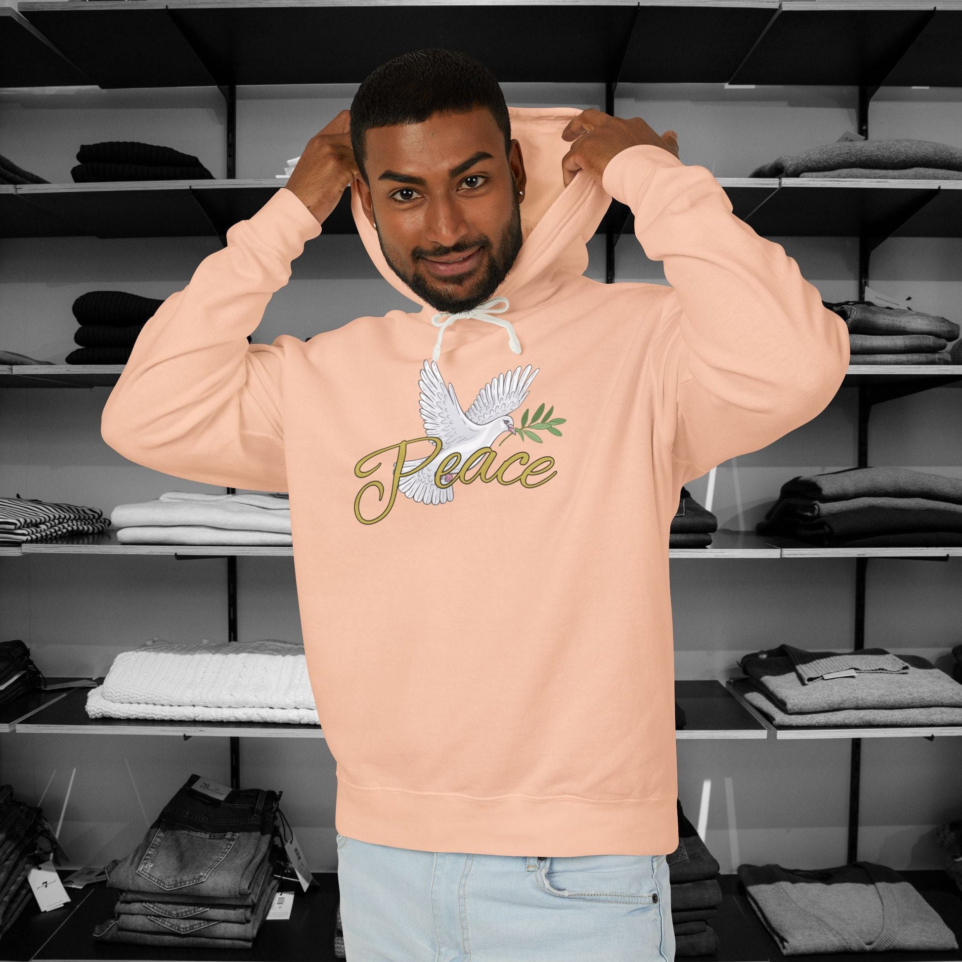 Spread a message of peace and faith with this beautifully designed Comfort Colors Christian hoodies from Heartfelt Hoodies. Features a bold Peace design with a dove.