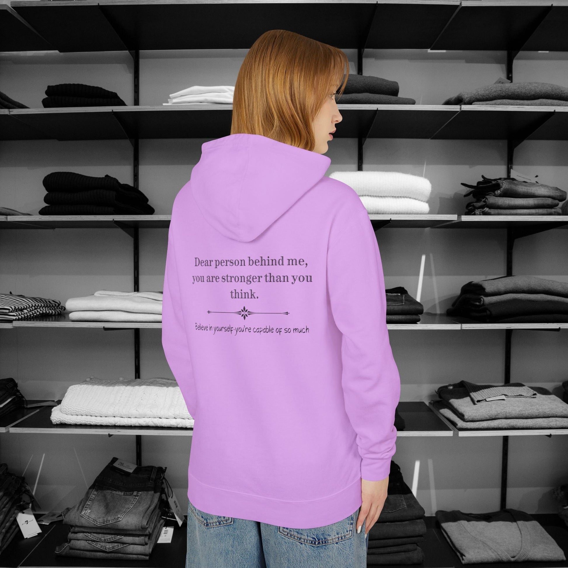 Elevate your everyday wear with a Dear Person Behind Me hoodie, designed for comfort and style. It spreads kindness with a message "you are stronger than you think".