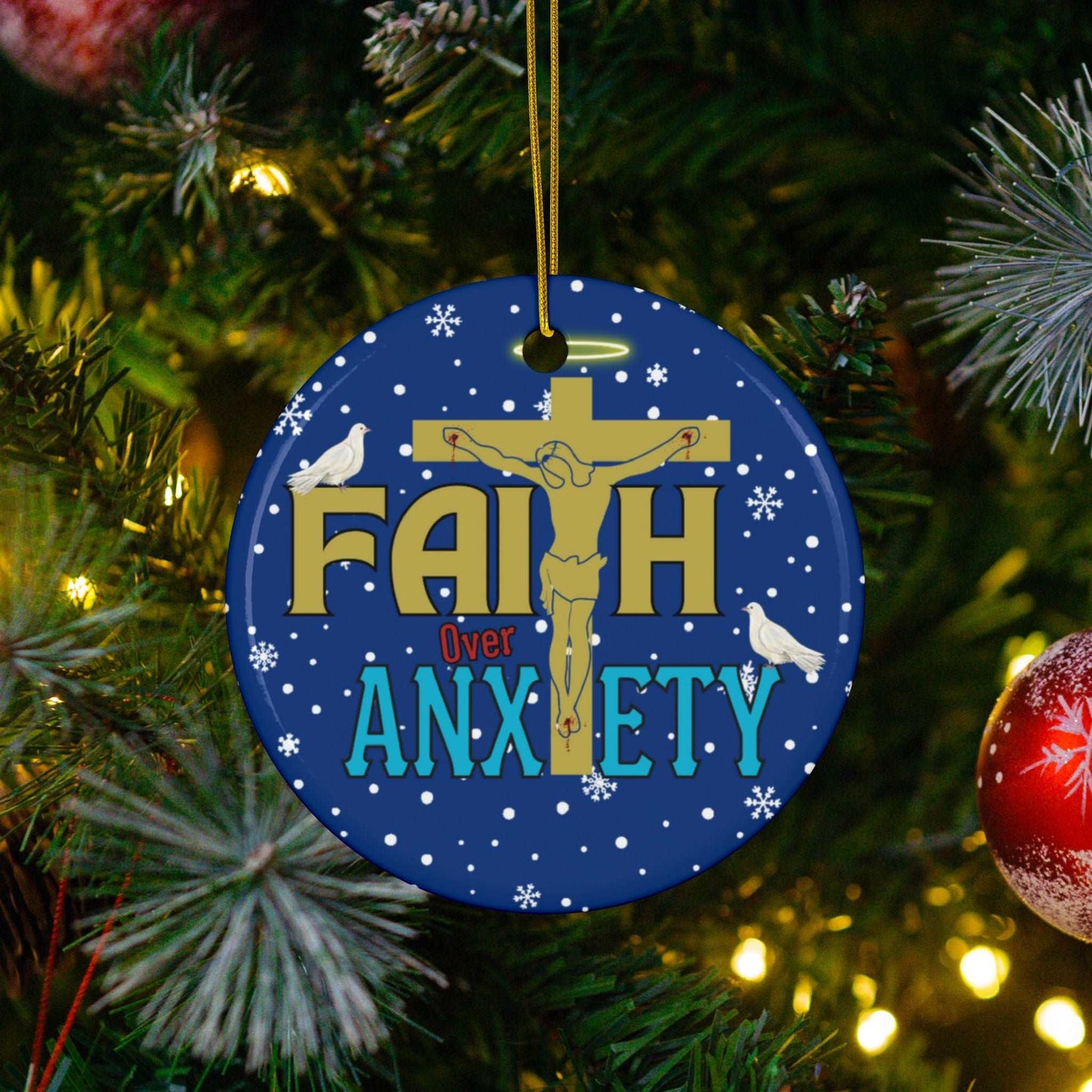 "Faith Over Anxiety" Ceramic Christmas Ornaments| Christian Tree Ornaments