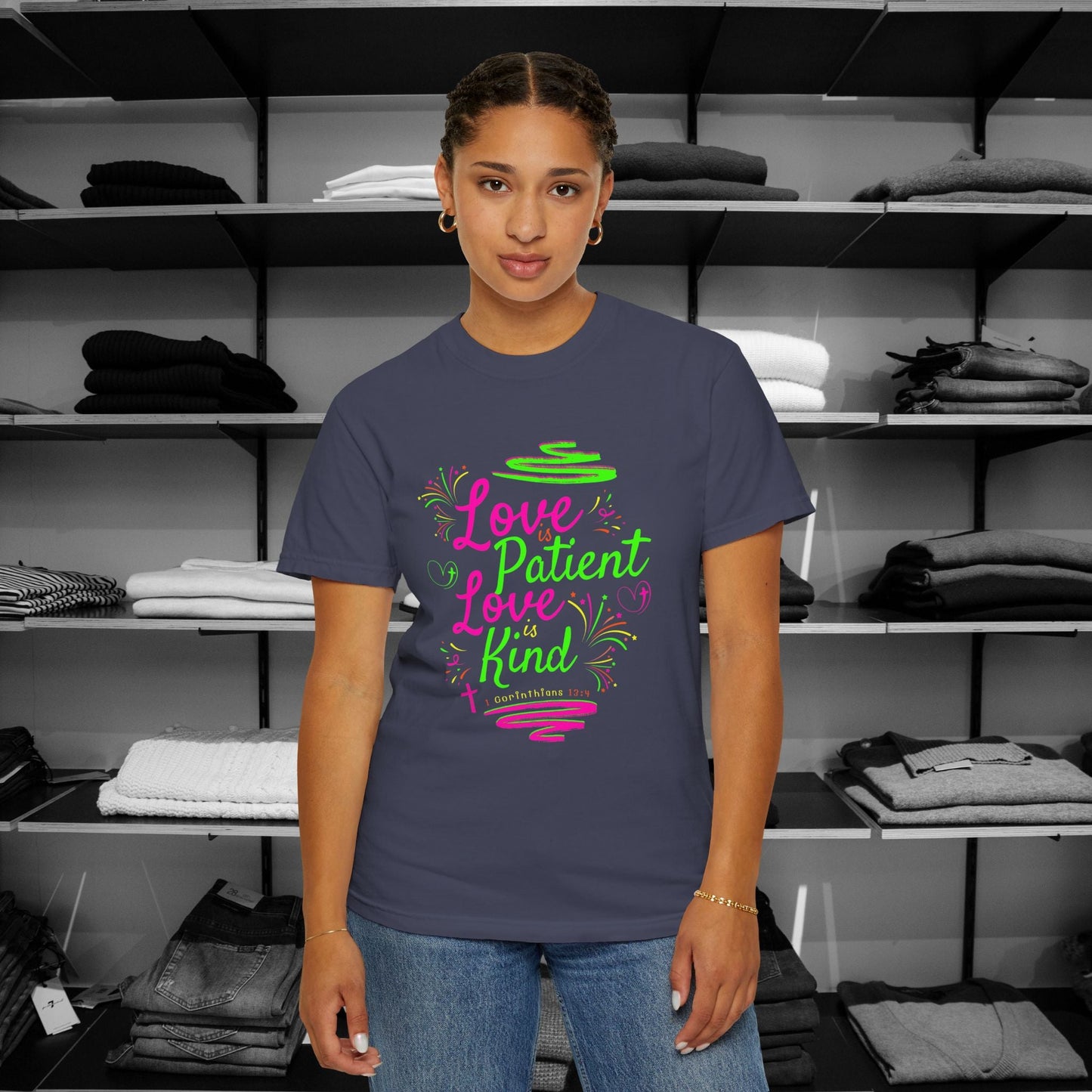 Embrace the timeless message of love with our vibrant Christian shirts featuring the beloved verse from 1 Corinthians 13:4 in Denim Navy Color Shop Now for Premium Comfort Colors Tees