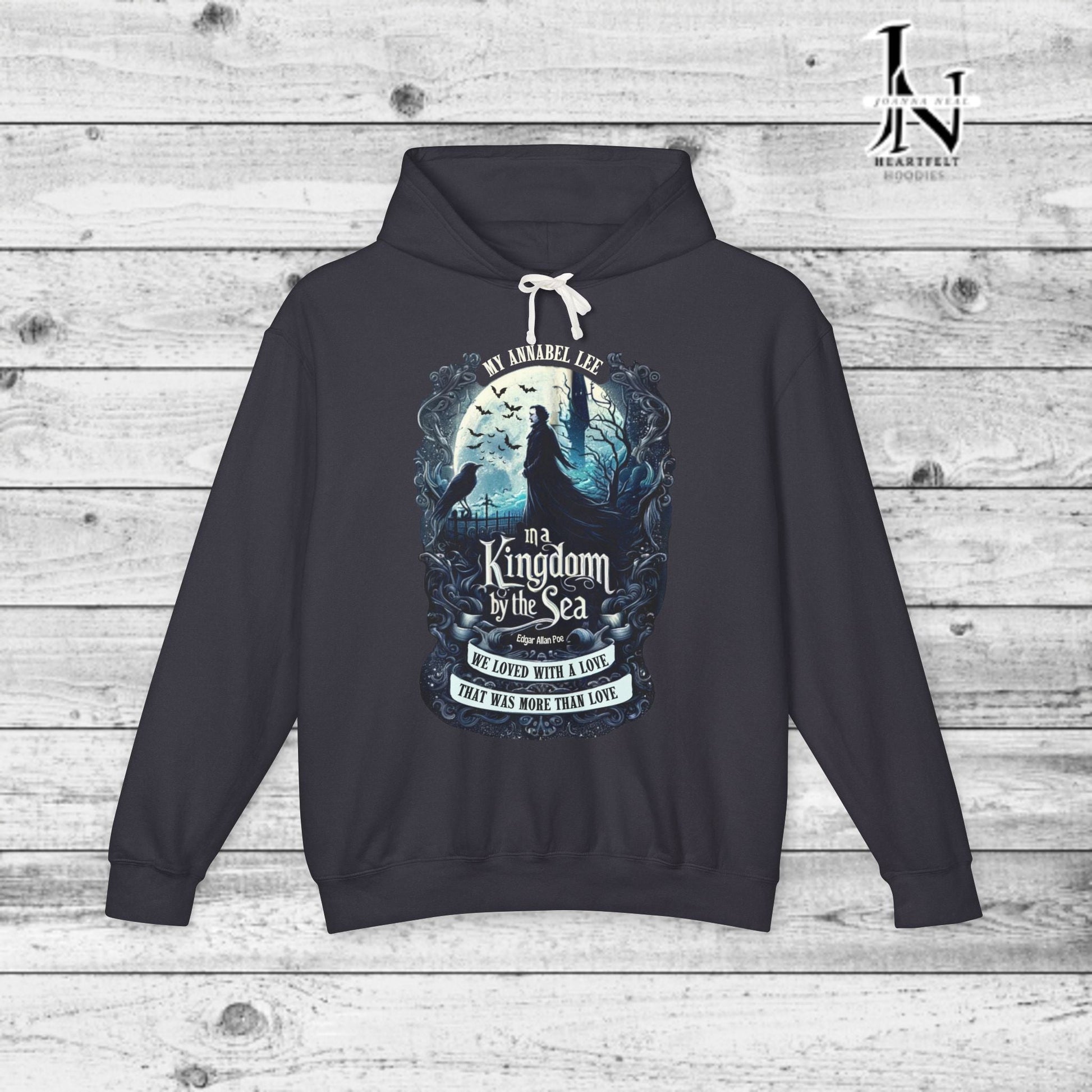 The haunting beauty of Edgar Allan Poe’s timeless poem diplayed with our Poetry Clothing Annabel Lee Gothic classic hoodie. Features a moonlit sea and gothic castle 