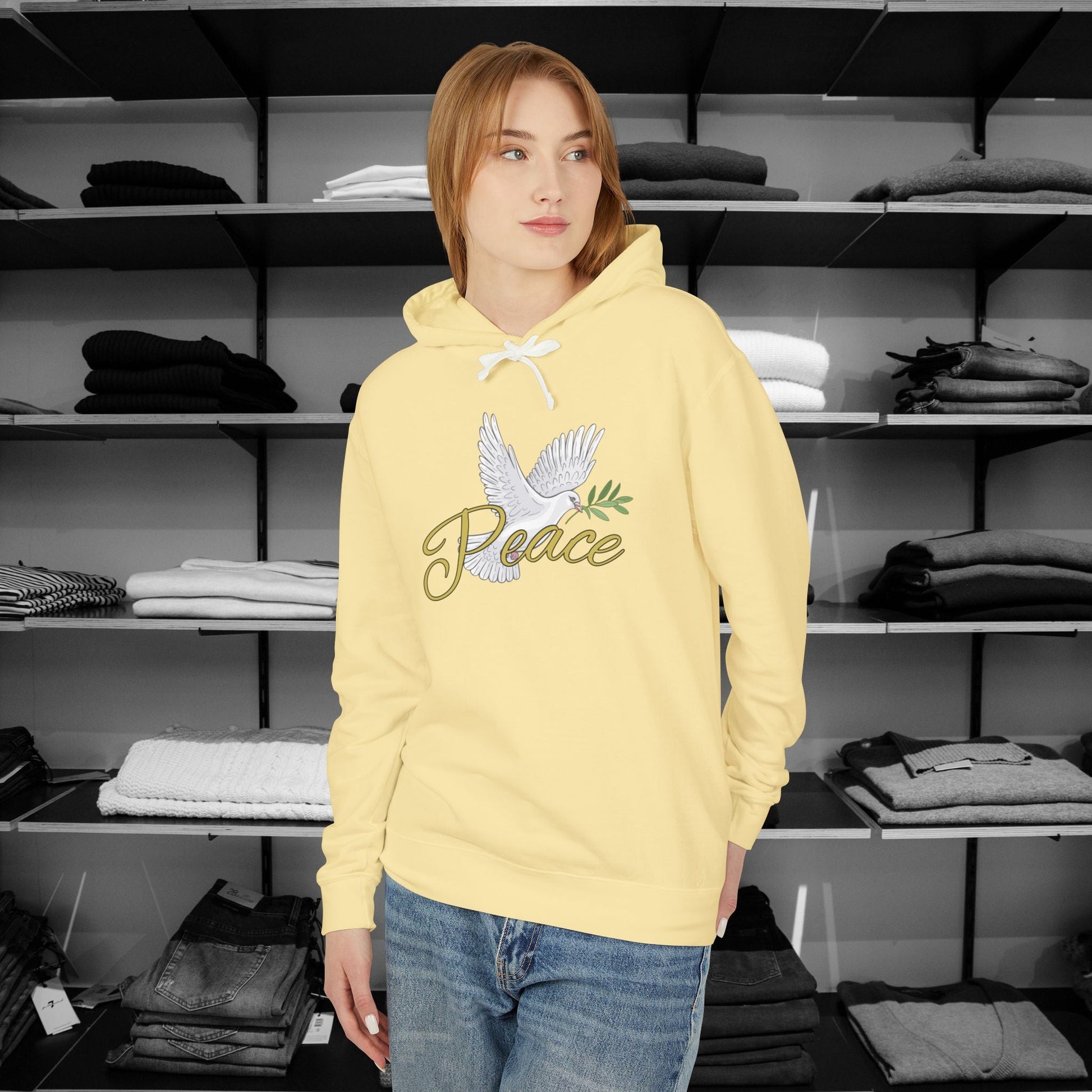 Spread a message of peace and faith with this beautifully designed Comfort Colors Christian hoodies from Heartfelt Hoodies. Features a bold Peace design with a dove.