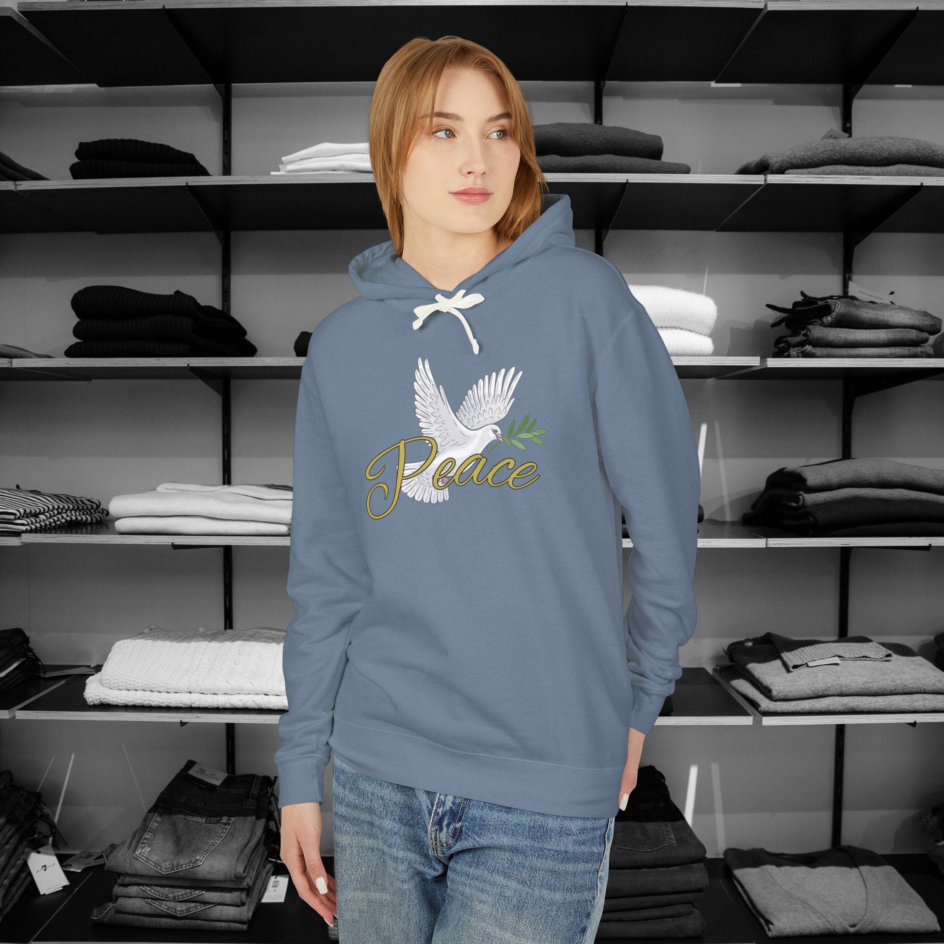 Spread a message of peace and faith with this beautifully designed Comfort Colors Christian hoodies from Heartfelt Hoodies. Features a bold Peace design with a dove.