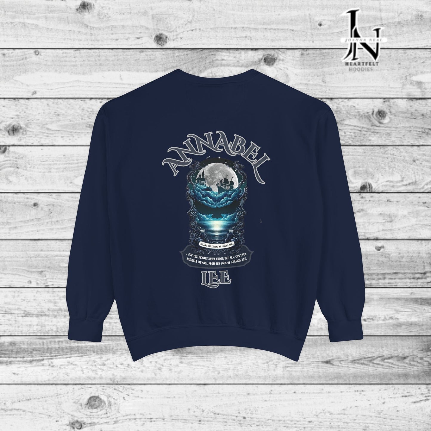 Step into the haunting beauty of Edgar Allan Poe’s timeless poem with our Poetry Clothing line, This Annabel Lee Sweatshirt Features a moonlit sea and gothic castle