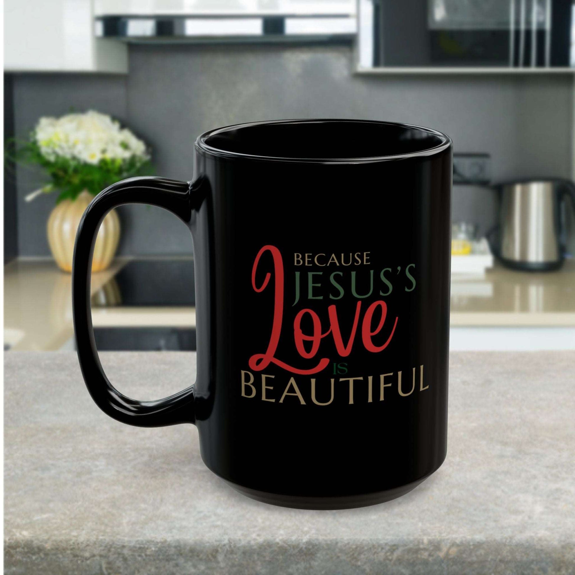 Drink your church gavering morning coffee with love and encouragement with our "Because Jesus's Love is Beautiful" Christian ceramic coffee mug. Shop Now Coffee Mugs