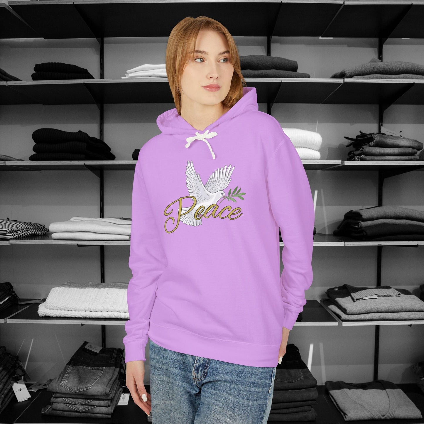 Spread a message of peace and faith with this beautifully designed Comfort Colors Christian hoodies from Heartfelt Hoodies. Features a bold Peace design with a dove.