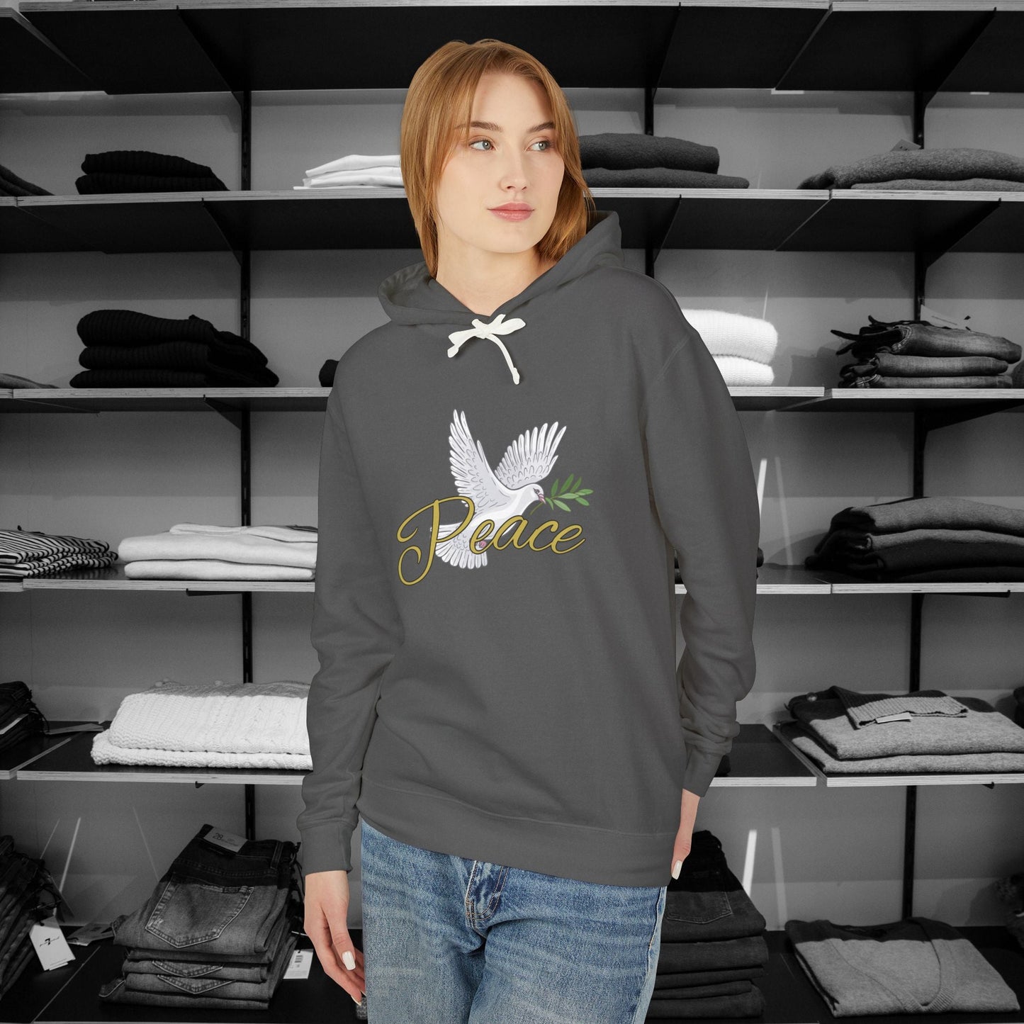 Spread a message of peace and faith with this beautifully designed Comfort Colors Christian hoodies from Heartfelt Hoodies. Features a bold Peace design with a dove.