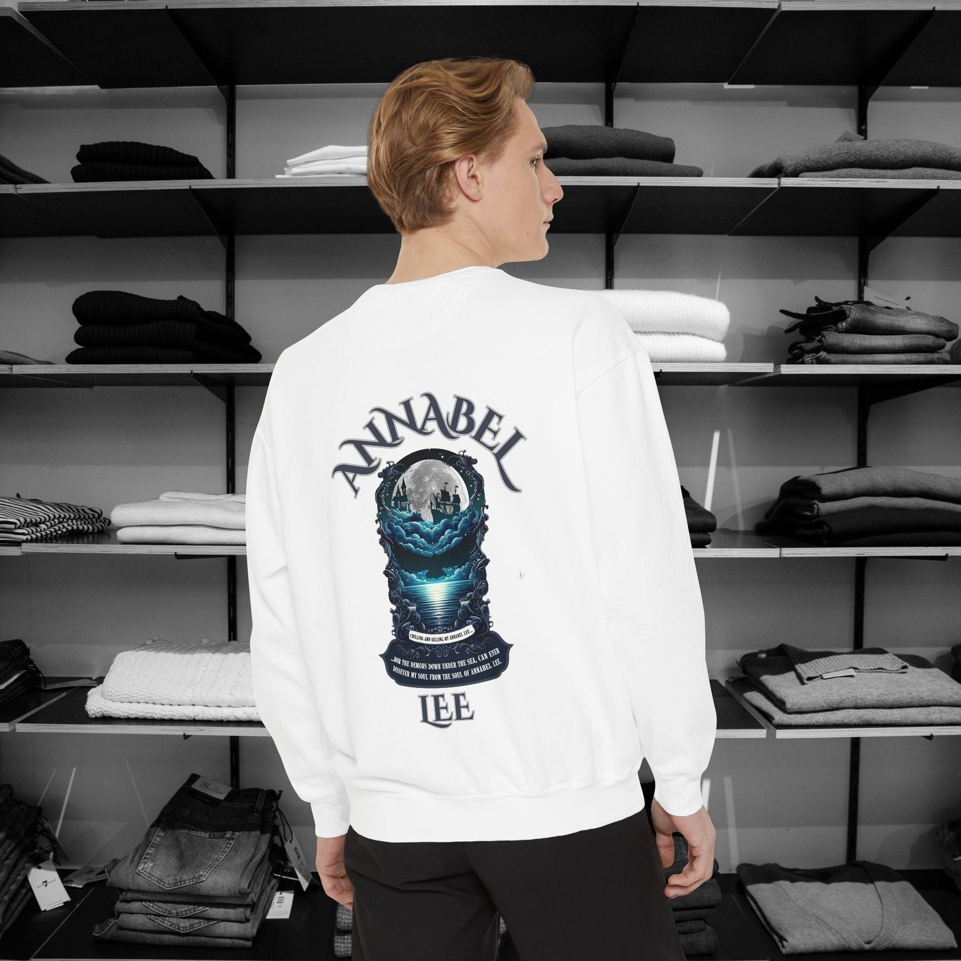 Step into the haunting beauty of Edgar Allan Poe’s timeless poem with our Poetry Clothing line, This Annabel Lee Sweatshirt Features a moonlit sea and gothic castle