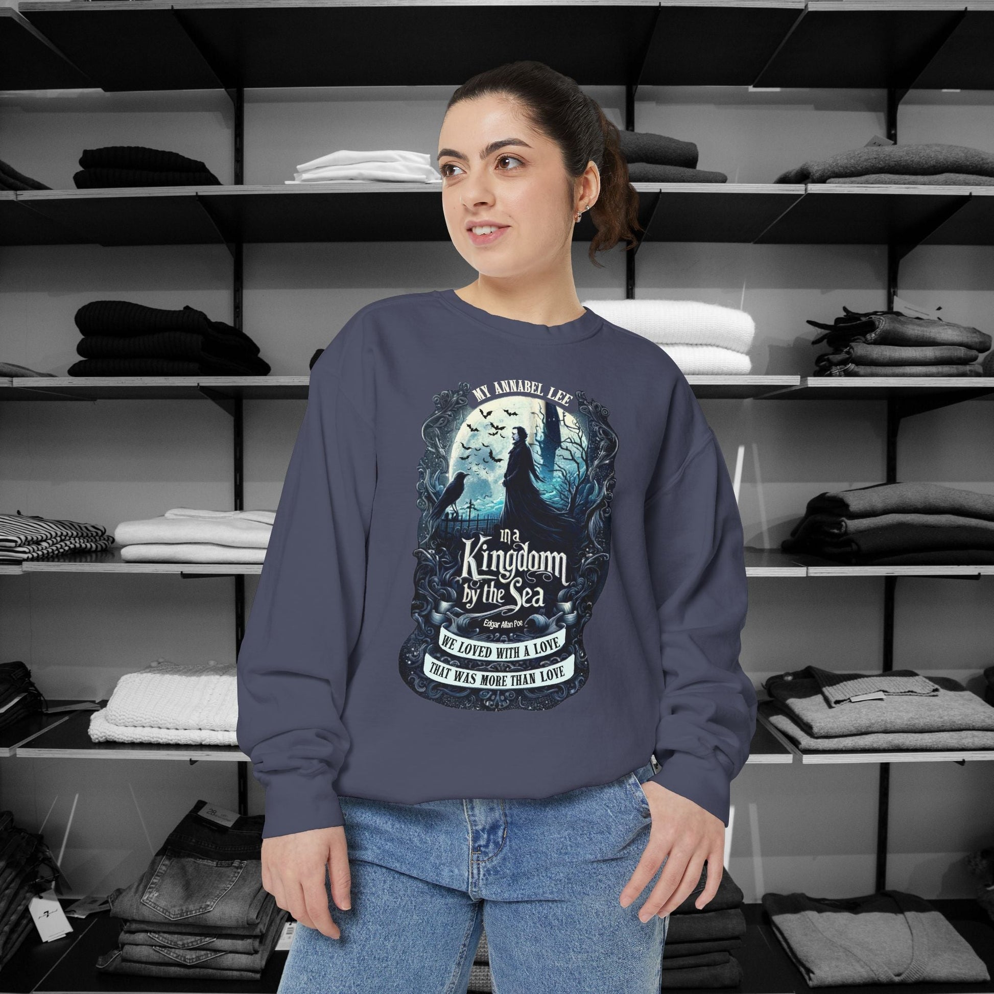 Step into the haunting beauty of Edgar Allan Poe’s timeless poem with our Poetry Clothing line, This Annabel Lee Sweatshirt Features a moonlit sea and gothic castle