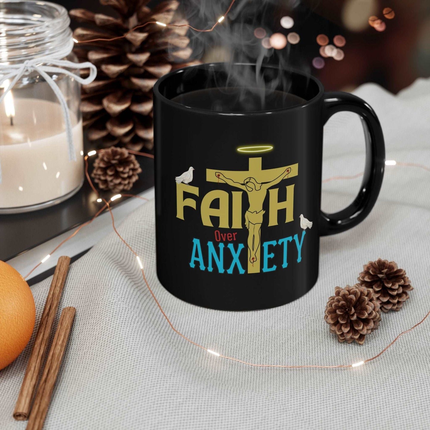 Drink your church gavering morning coffee with love and encouragement with our "Faith Over Anxiety" Christian ceramic coffee mug. This Christian Ceramic coffee mug