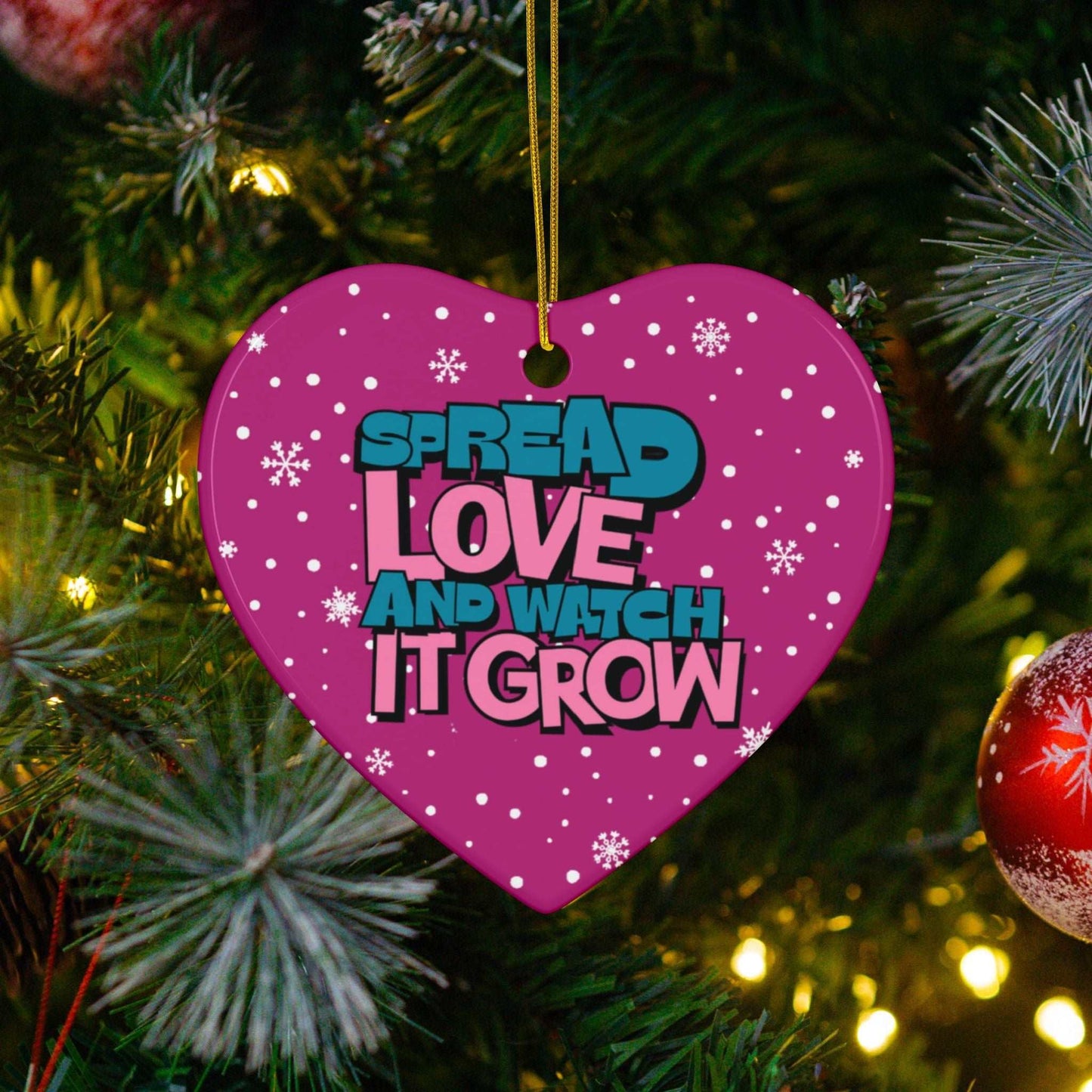 Transform Christmas trees into a beautiful beacon of growing love with Heartfelt Hoodies and these premium ceramic Christmas ornaments Spread Love and Watch it Grow.