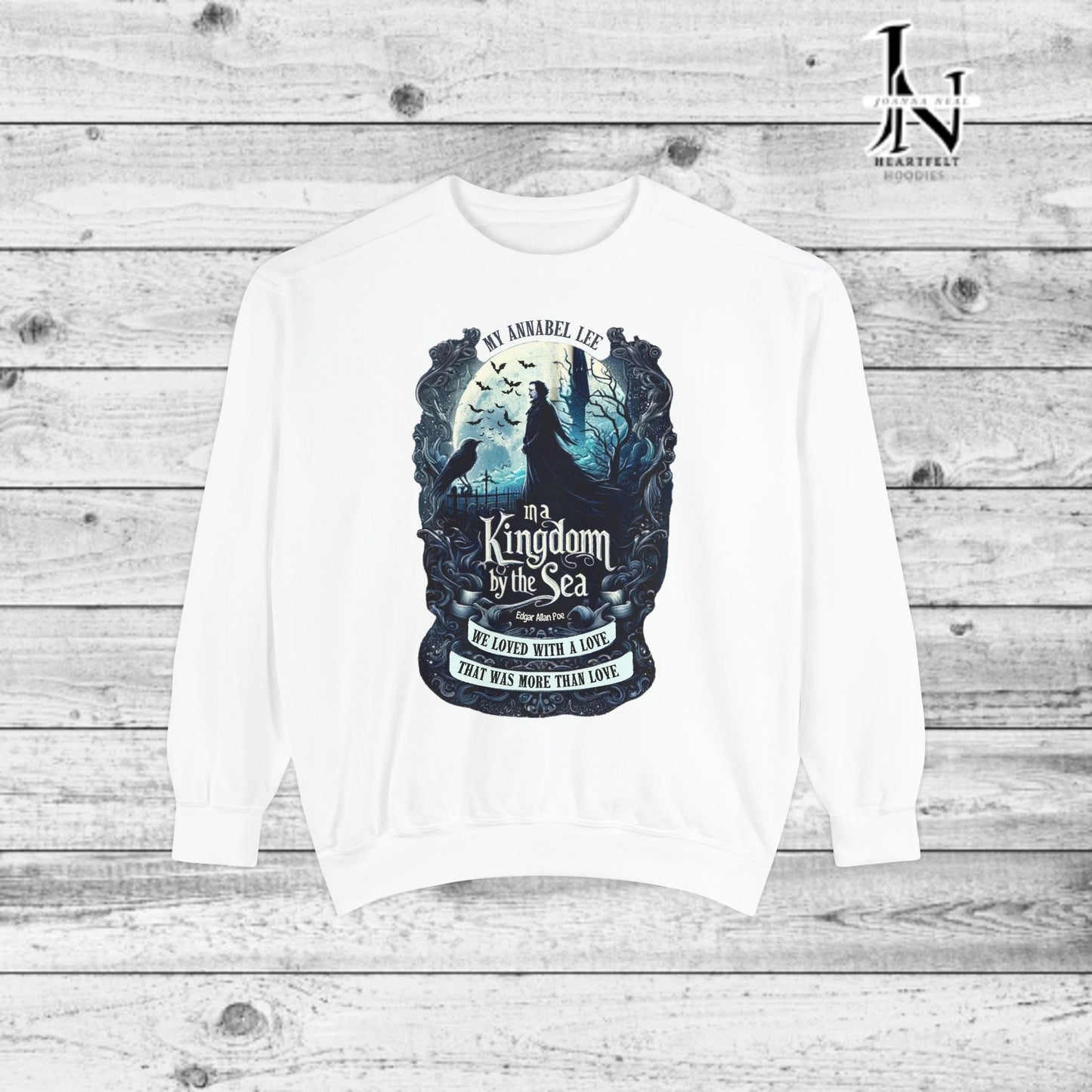 Step into the haunting beauty of Edgar Allan Poe’s timeless poem with our Poetry Clothing line, This Annabel Lee Sweatshirt Features a moonlit sea and gothic castle