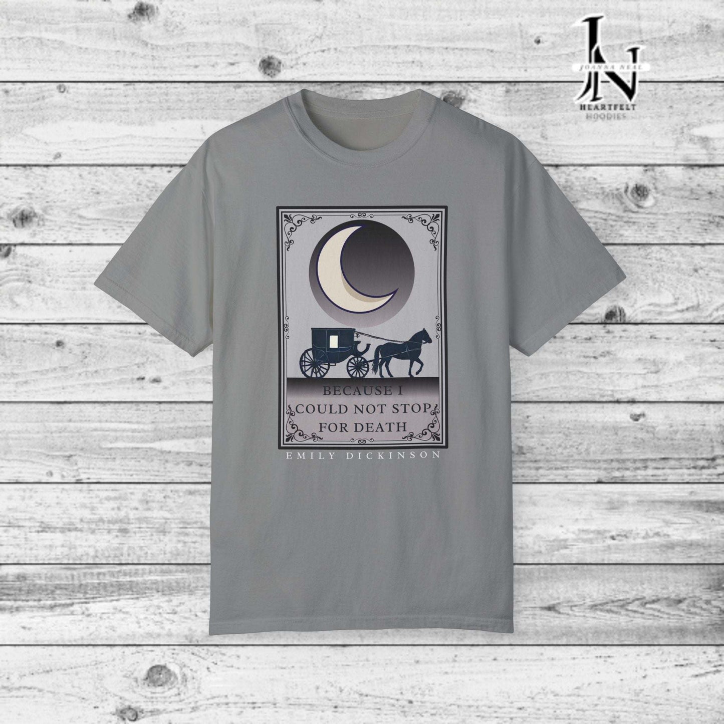 Step into the world of Poetry Clothing with Emily Dickinson, this beautifully designed T-shirt Inspired by the reflective tone of "Because I Could Not Stop for Death