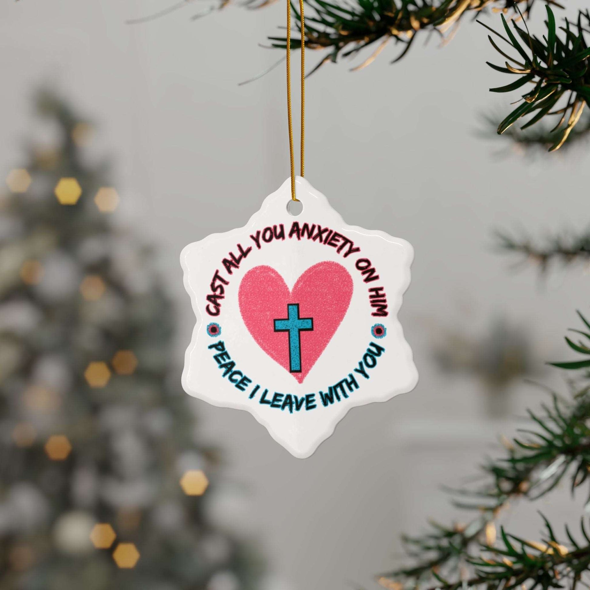 Cast all Your Anxiety On Him Ceramic Christmas Ornaments from Heartfelt Hoodies seasonal specials combine Christmas with Mental Health Awareness and Christian Faith.