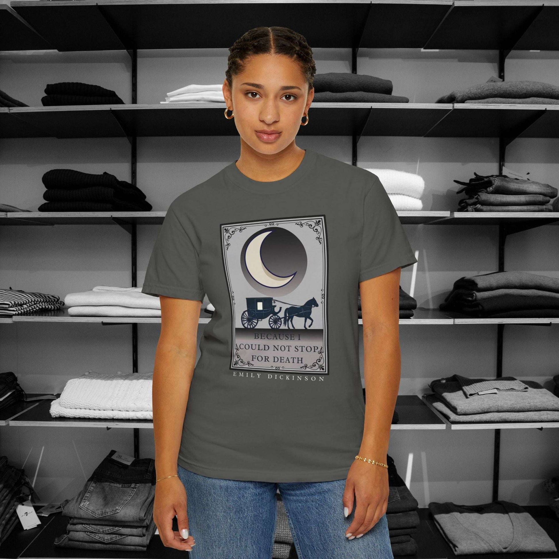 Step into the world of Poetry Clothing with Emily Dickinson, this beautifully designed T-shirt Inspired by the reflective tone of "Because I Could Not Stop for Death