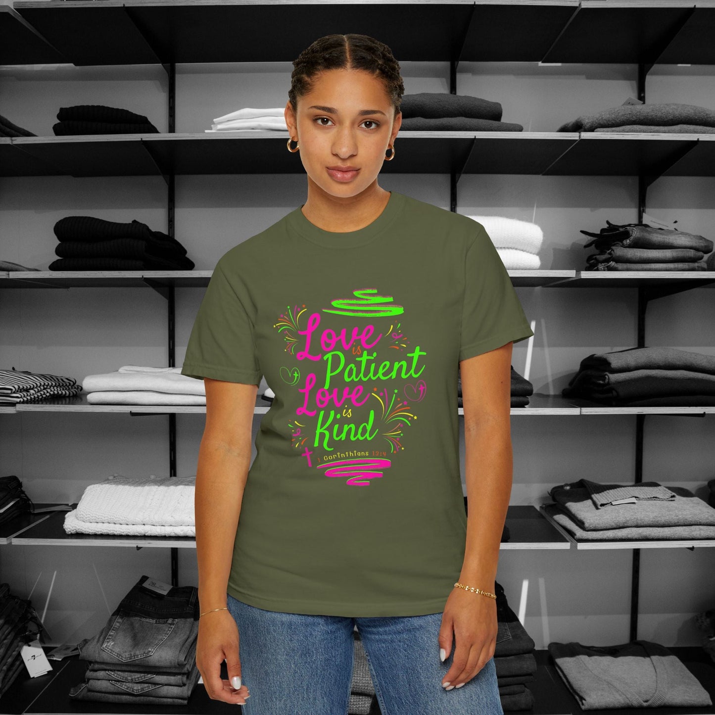 Embrace the timeless message of love with our vibrant Christian shirts featuring the beloved verse from 1 Corinthians 13:4 in Hemp (military green)  Color Shop Now for Premium Comfort Colors Tees