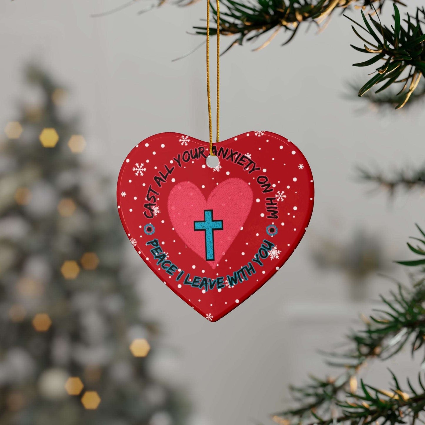 Cast all Your Anxiety On Him Ceramic Christmas Ornaments from Heartfelt Hoodies seasonal specials combine Christmas with Mental Health Awareness and Christian Faith.