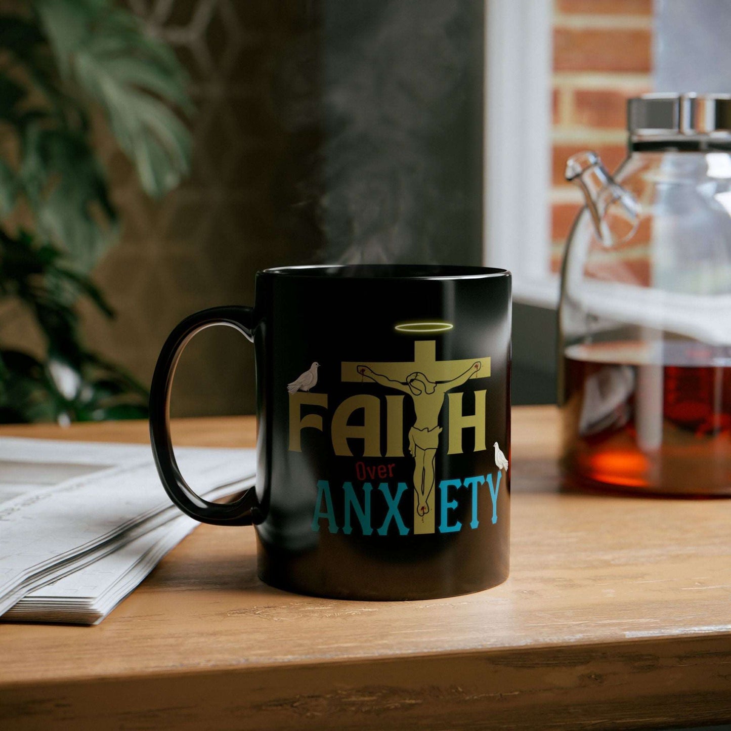 Drink your church gavering morning coffee with love and encouragement with our "Faith Over Anxiety" Christian ceramic coffee mug. This Christian Ceramic coffee mug