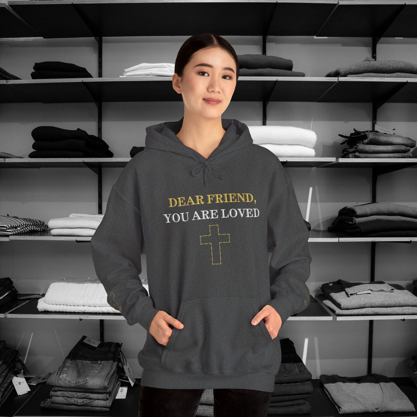 Dear Person Behind Me Hoodie - You Are Loved by God. No matter what, His love for you is unchanging and eternal." Adorned with a beautifully crafted heart and cross.