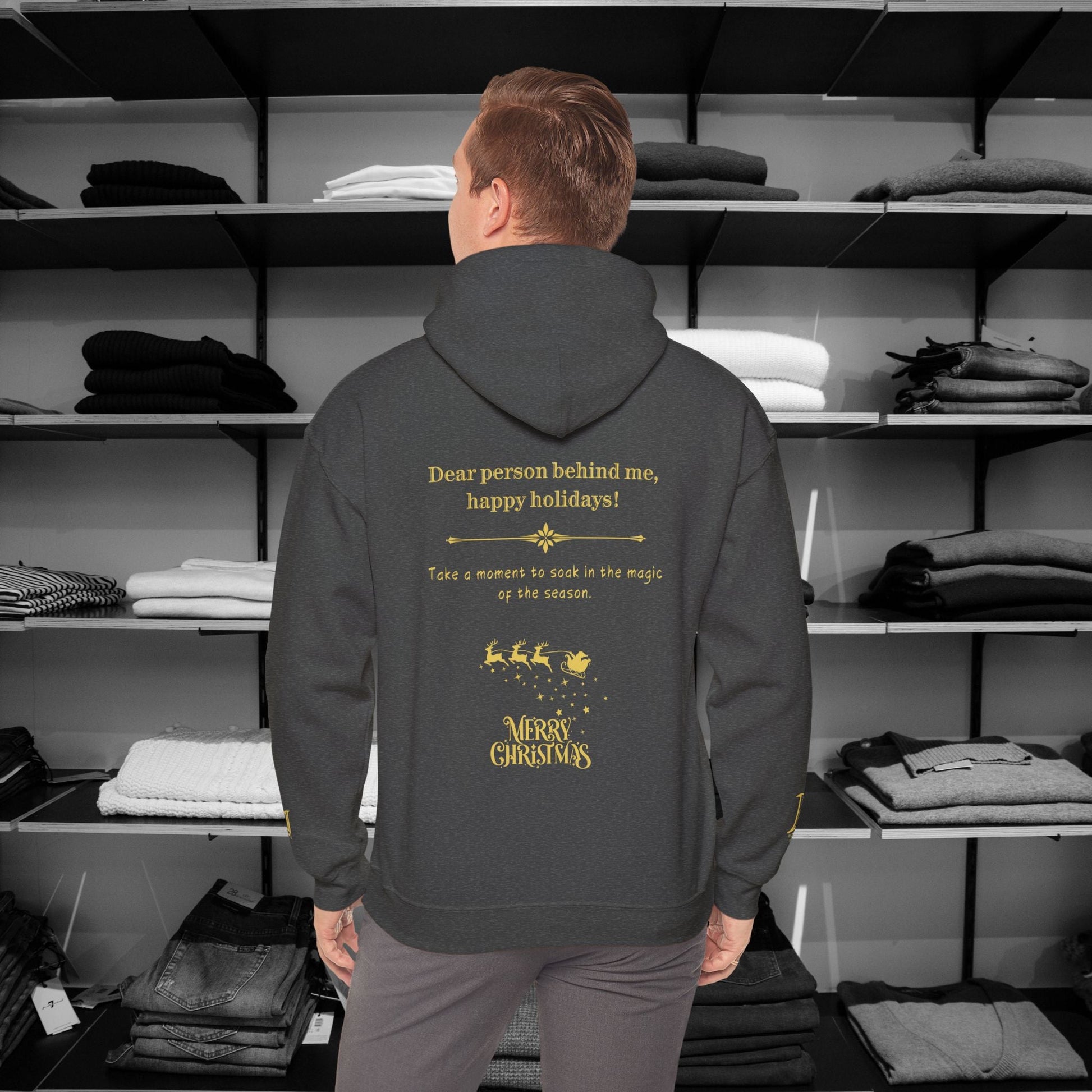 Spread the joy of the holiday season with this cozy Dear Person Behind Me hoodie, featuring the festive message: "Happy Holidays!" Perfect for holiday shopping, 