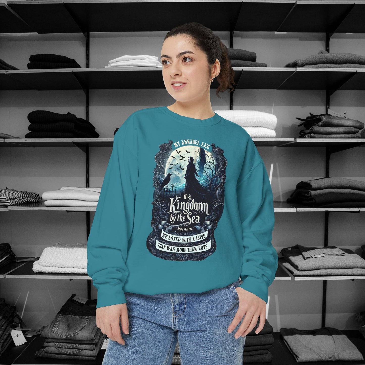 Step into the haunting beauty of Edgar Allan Poe’s timeless poem with our Poetry Clothing line, This Annabel Lee Sweatshirt Features a moonlit sea and gothic castle