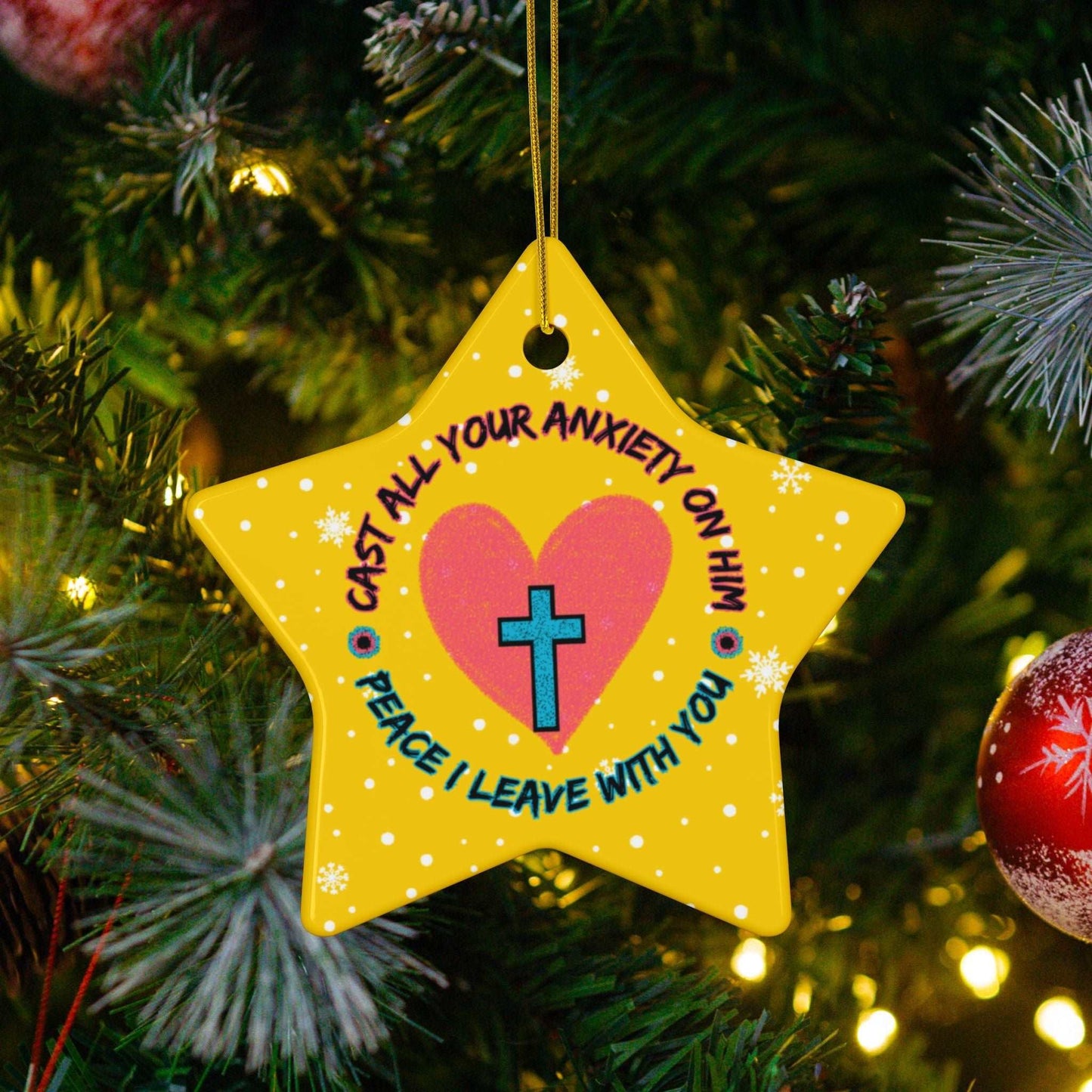 Cast all Your Anxiety On Him Ceramic Christmas Ornaments from Heartfelt Hoodies seasonal specials combine Christmas with Mental Health Awareness and Christian Faith.