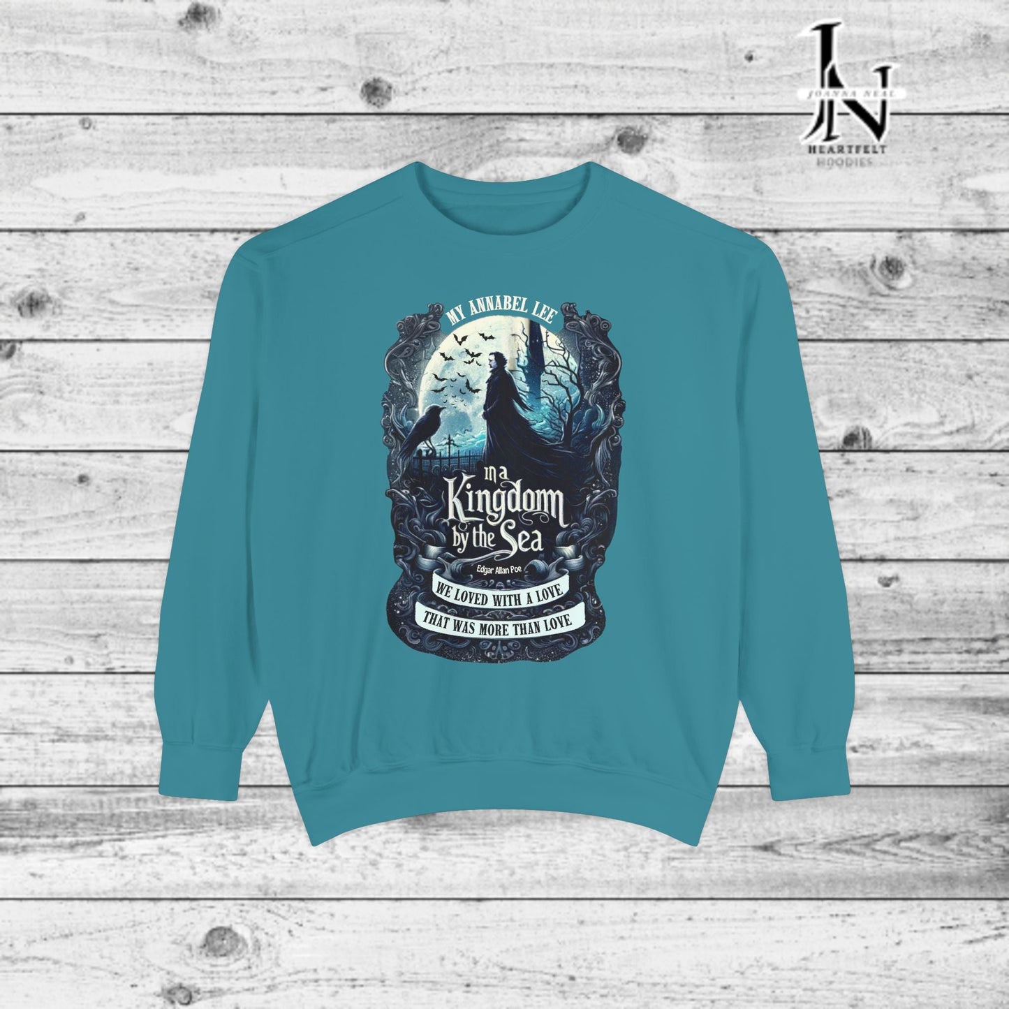 Step into the haunting beauty of Edgar Allan Poe’s timeless poem with our Poetry Clothing line, This Annabel Lee Sweatshirt Features a moonlit sea and gothic castle