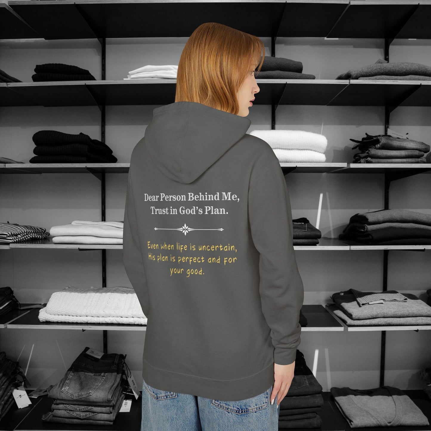 Wrap up in love & encouragement with Dear Person Behind Me hoodies "Trust in God’s Plan".These Christian hoodies are designed with love and faith and perfect for church