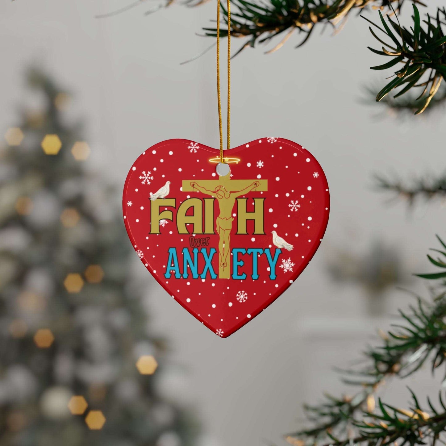 "Faith Over Anxiety" Ceramic Christmas Ornaments| Christian Tree Ornaments