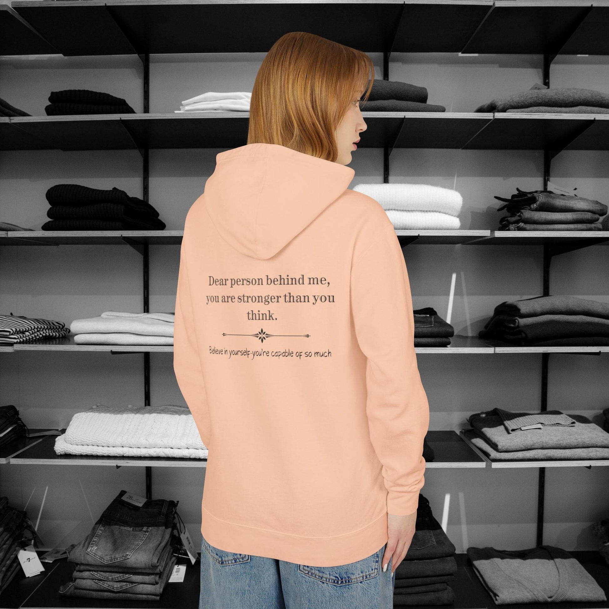 Elevate your everyday wear with a Dear Person Behind Me hoodie, designed for comfort and style. It spreads kindness with a message "you are stronger than you think".