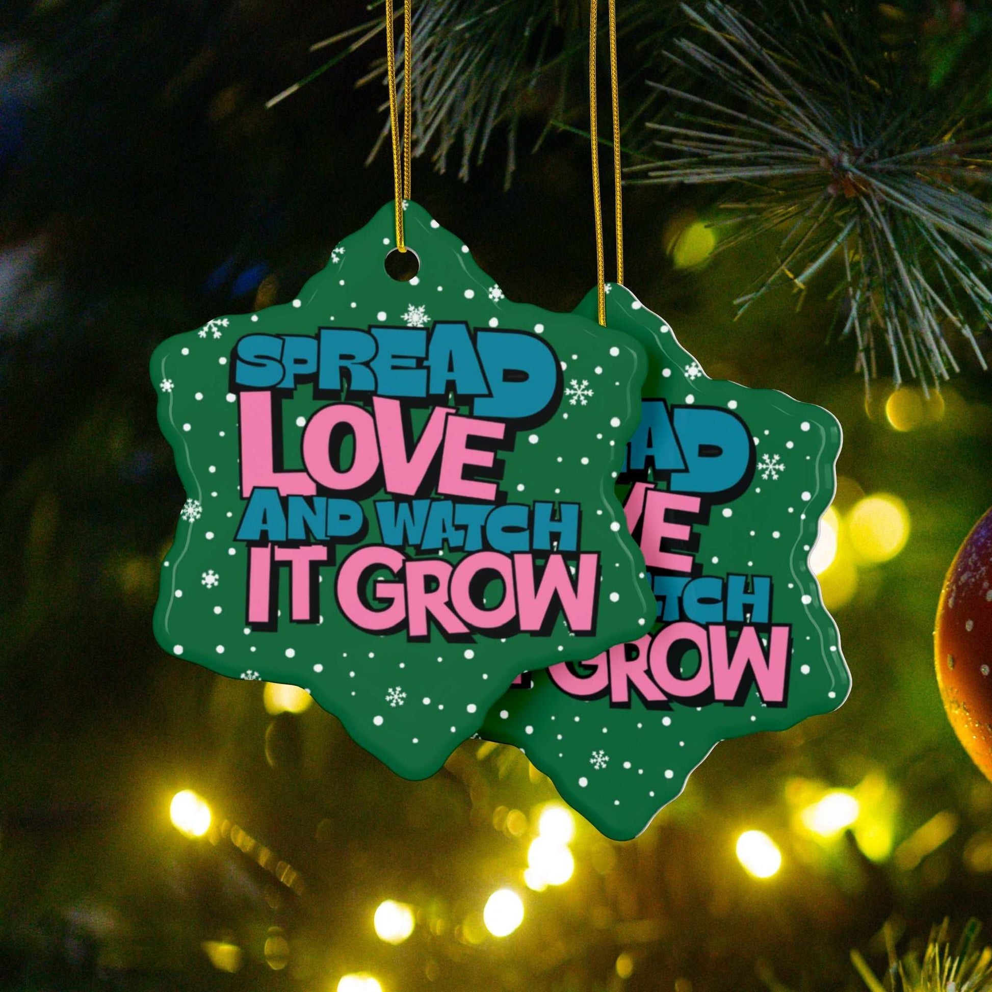 Transform Christmas trees into a beautiful beacon of growing love with Heartfelt Hoodies and these premium ceramic Christmas ornaments Spread Love and Watch it Grow.