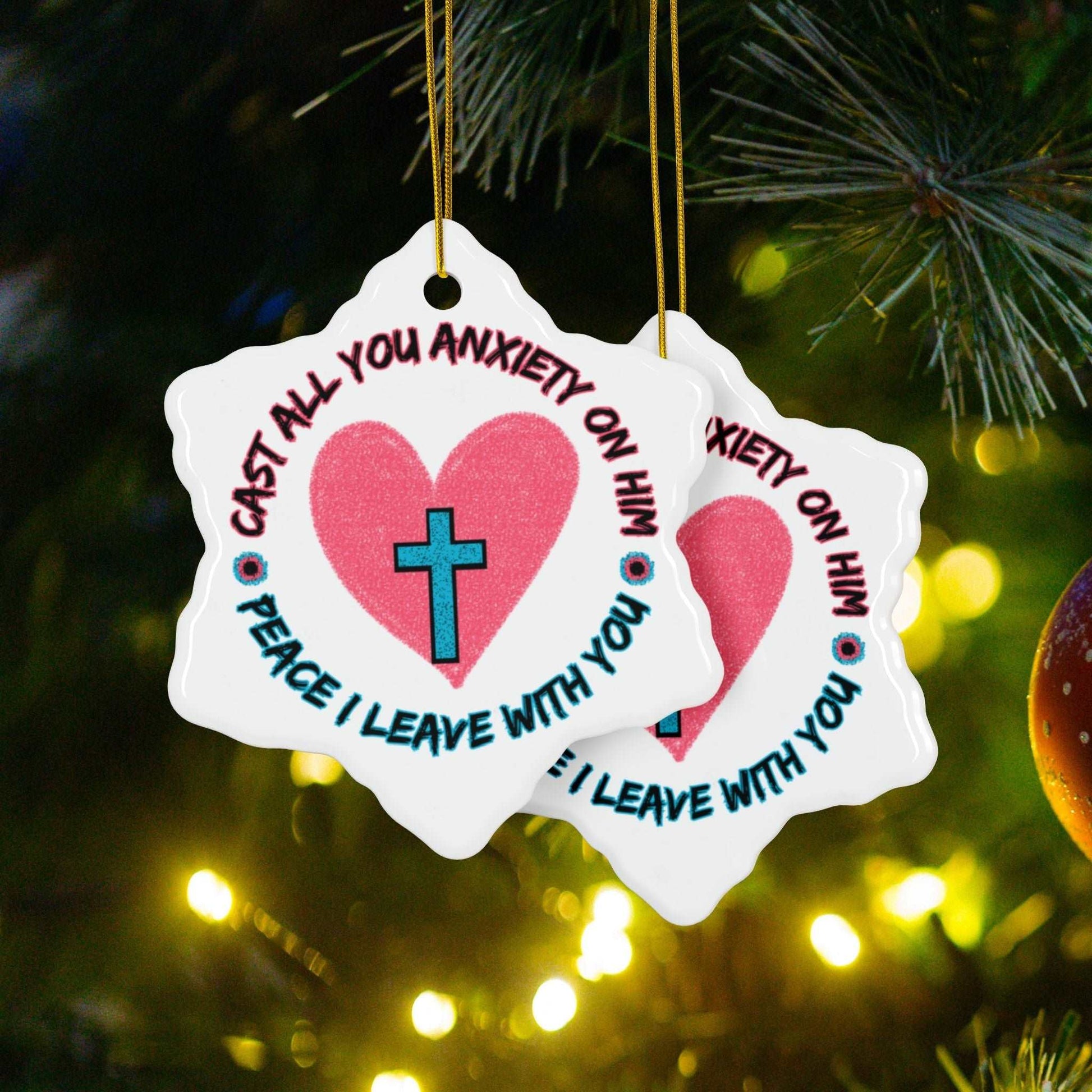 Cast all Your Anxiety On Him Ceramic Christmas Ornaments from Heartfelt Hoodies seasonal specials combine Christmas with Mental Health Awareness and Christian Faith.