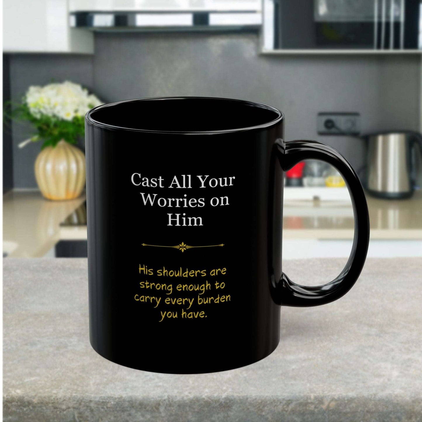 Drink your Sunday church gathering morning coffee with love and encouragement with our 11oz Accent mug "Cast All Your Worries on Him"  Christian ceramic coffee mug. 