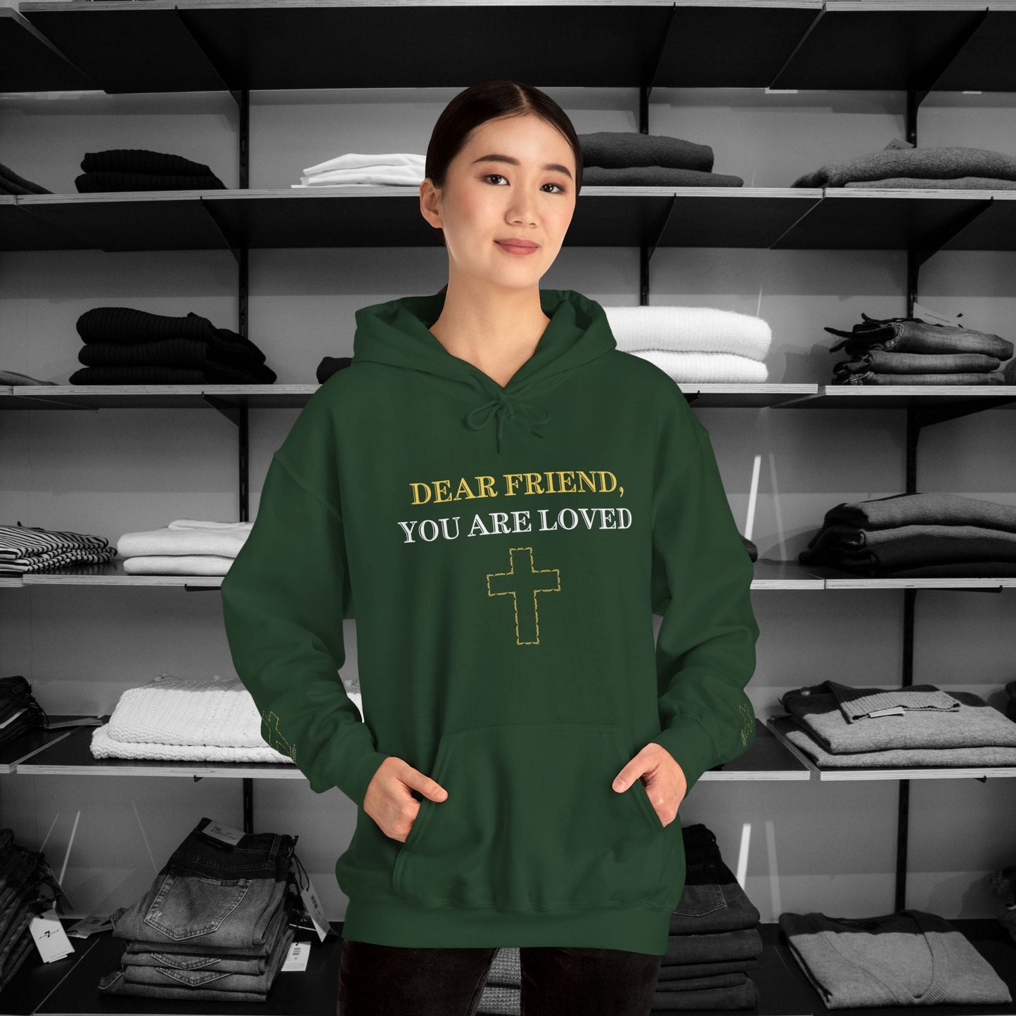 Dear Person Behind Me Hoodie - You Are Loved by God. No matter what, His love for you is unchanging and eternal." Adorned with a beautifully crafted heart and cross.