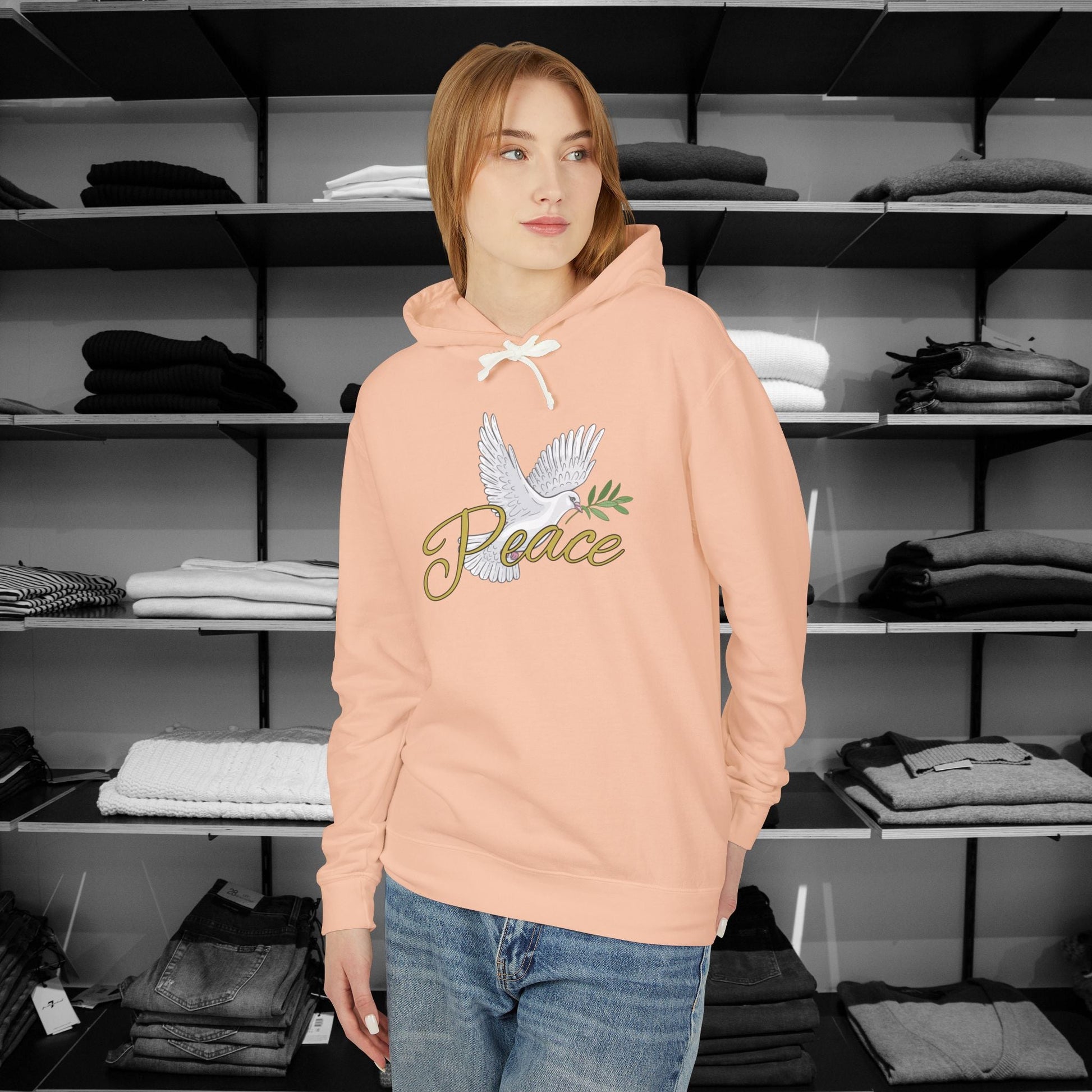 Spread a message of peace and faith with this beautifully designed Comfort Colors Christian hoodies from Heartfelt Hoodies. Features a bold Peace design with a dove.