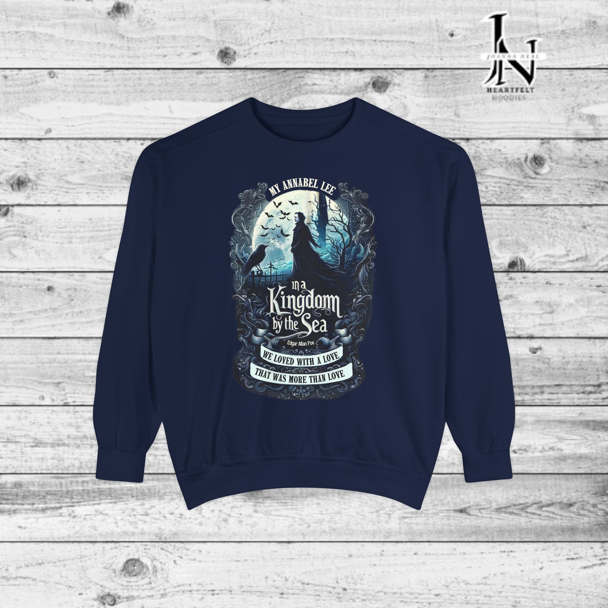 Step into the haunting beauty of Edgar Allan Poe’s timeless poem with our Poetry Clothing line, This Annabel Lee Sweatshirt Features a moonlit sea and gothic castle