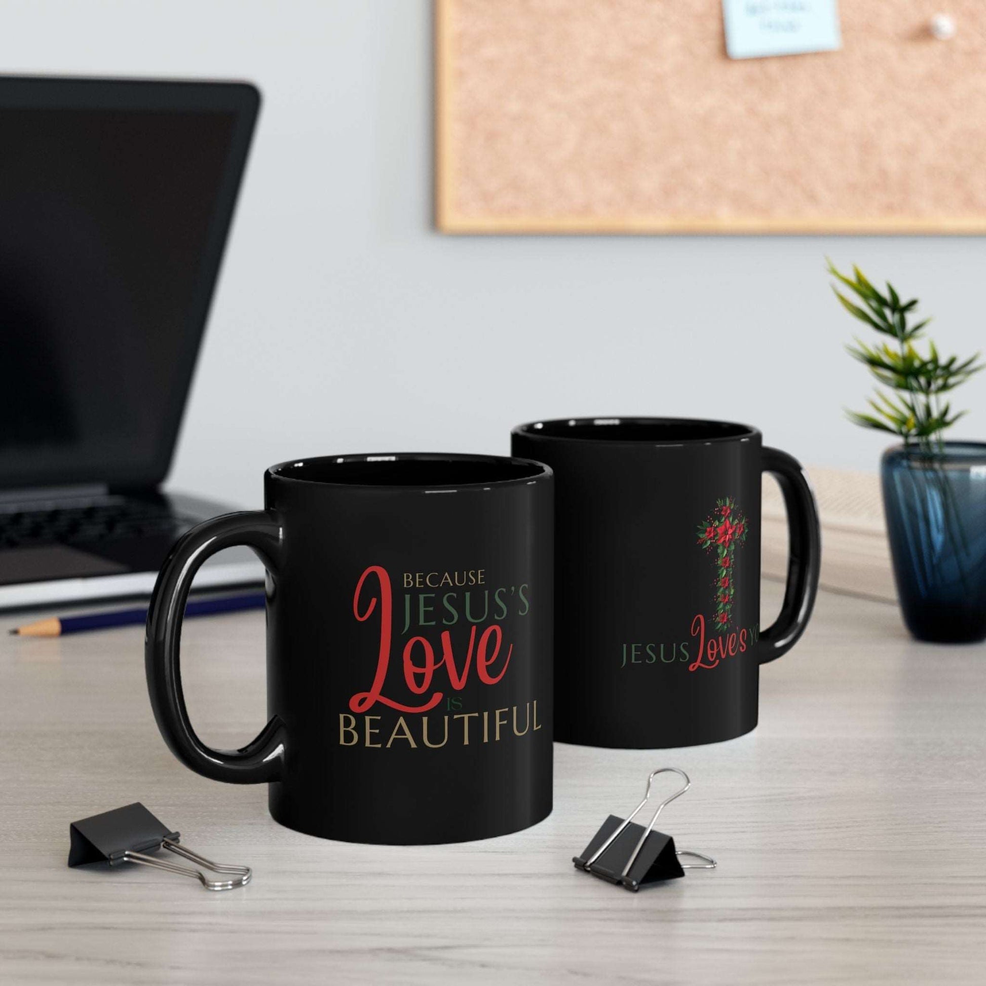 Drink your church gavering morning coffee with love and encouragement with our "Because Jesus's Love is Beautiful" Christian ceramic coffee mug. Shop Now Coffee Mugs