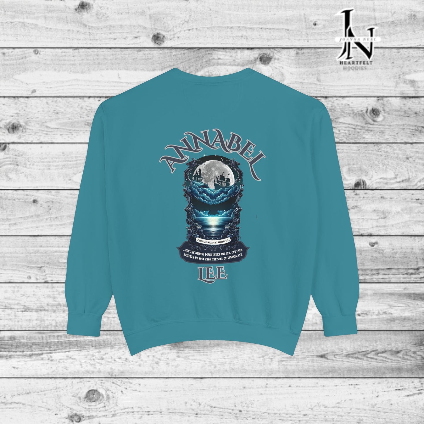 Step into the haunting beauty of Edgar Allan Poe’s timeless poem with our Poetry Clothing line, This Annabel Lee Sweatshirt Features a moonlit sea and gothic castle