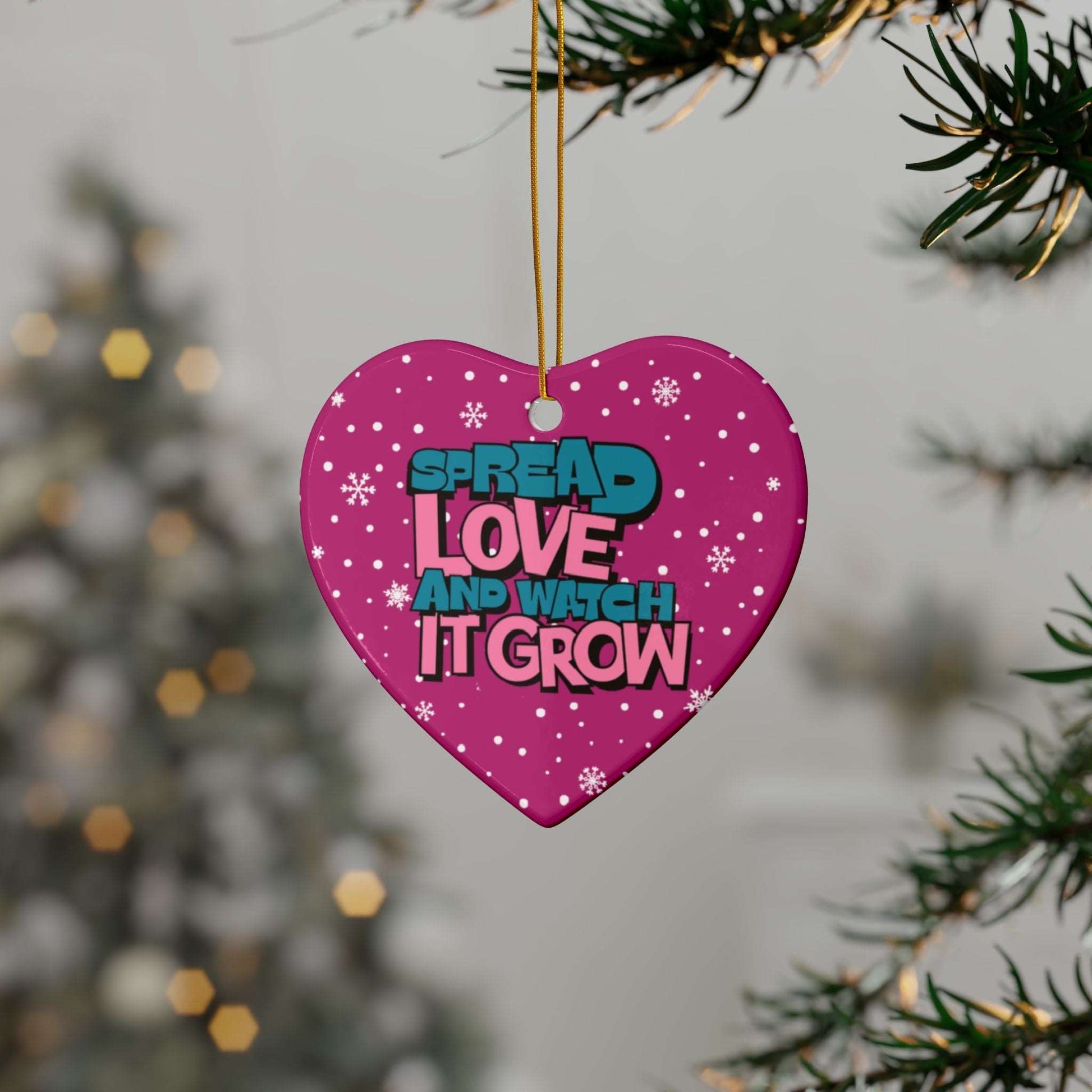 Transform Christmas trees into a beautiful beacon of growing love with Heartfelt Hoodies and these premium ceramic Christmas ornaments Spread Love and Watch it Grow.