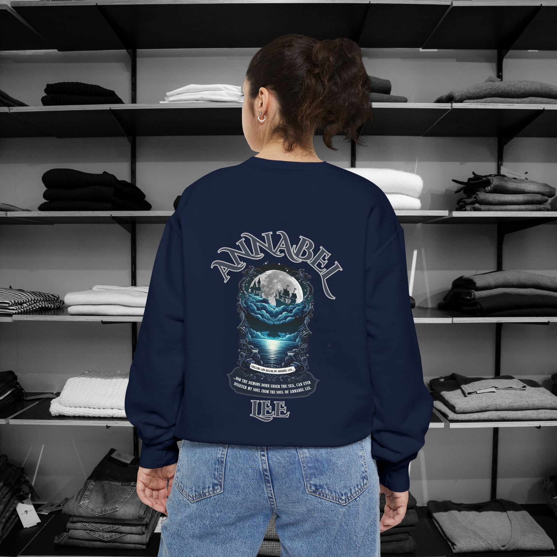 Step into the haunting beauty of Edgar Allan Poe’s timeless poem with our Poetry Clothing line, This Annabel Lee Sweatshirt Features a moonlit sea and gothic castle