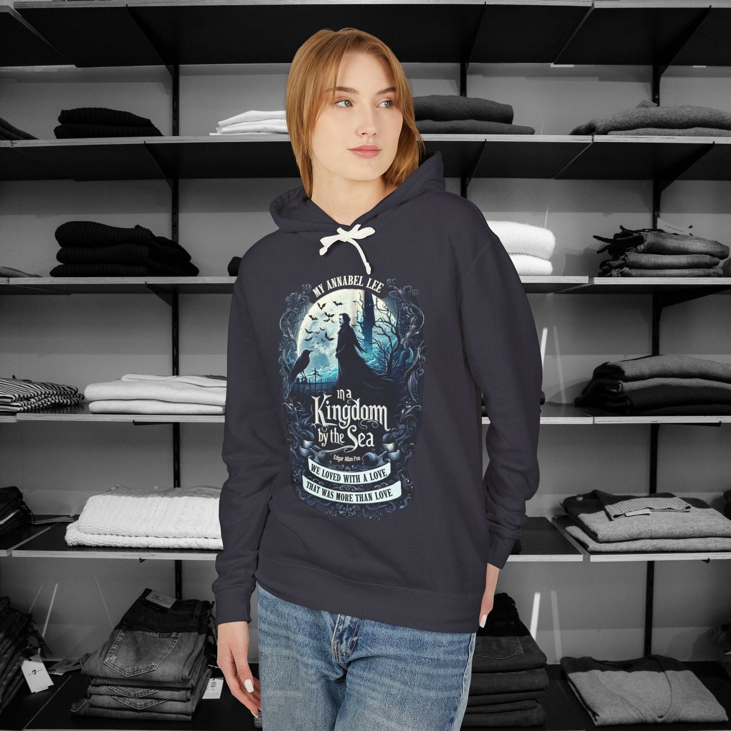 The haunting beauty of Edgar Allan Poe’s timeless poem diplayed with our Poetry Clothing Annabel Lee Gothic classic hoodie. Features a moonlit sea and gothic castle 