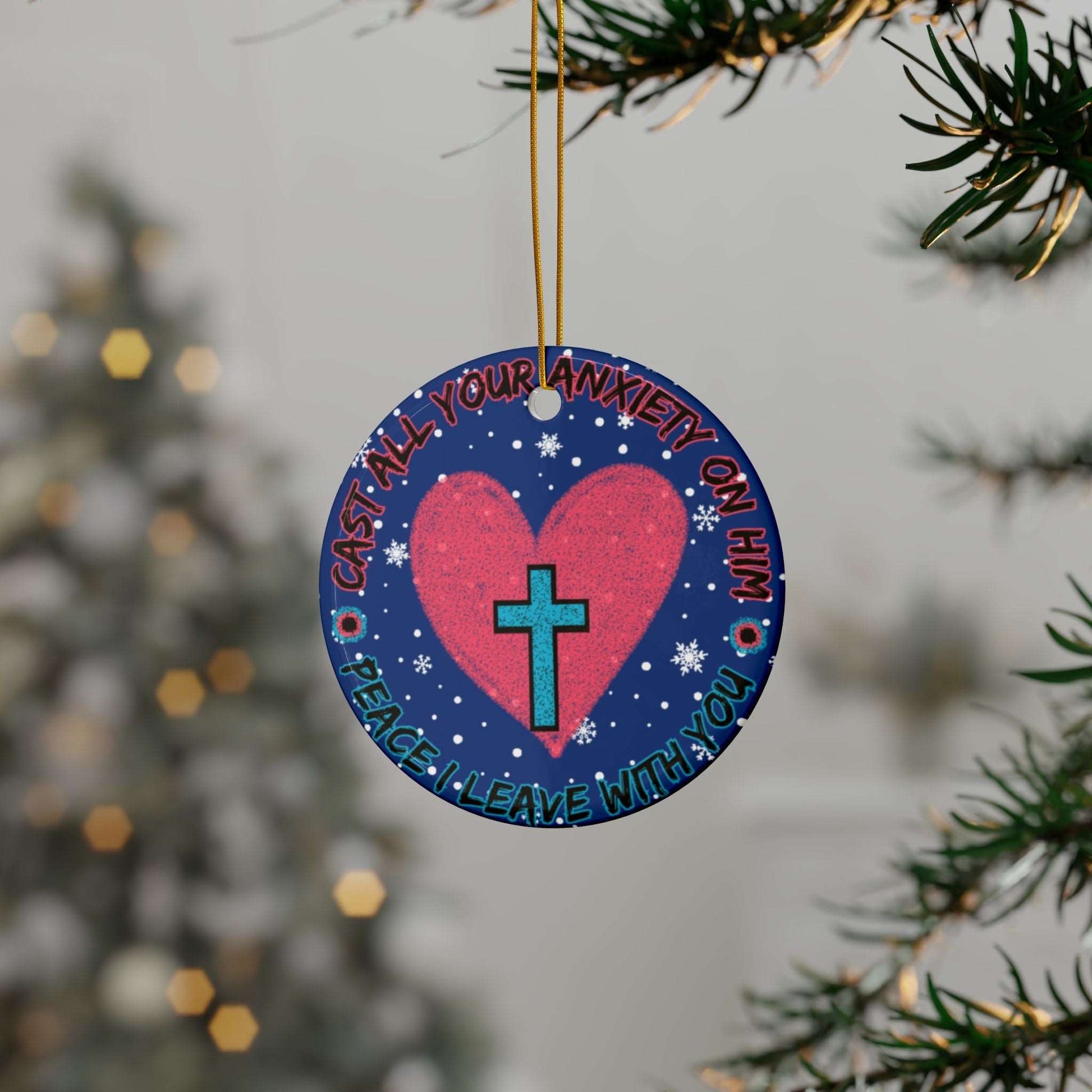 Cast all Your Anxiety On Him Ceramic Christmas Ornaments from Heartfelt Hoodies seasonal specials combine Christmas with Mental Health Awareness and Christian Faith.