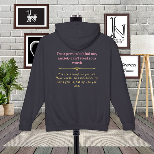 Mental Health Matters Hoodie is here to spread a message of strength and hope with the words, "Anxiety can’t steal your worth." Perfect for wearing on those days when a little extra encouragement is needed