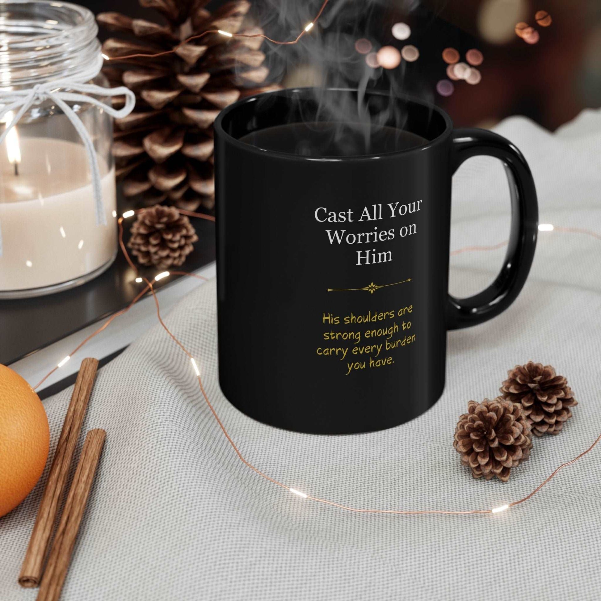 Drink your Sunday church gathering morning coffee with love and encouragement with our 11oz Accent mug "Cast All Your Worries on Him"  Christian ceramic coffee mug. 