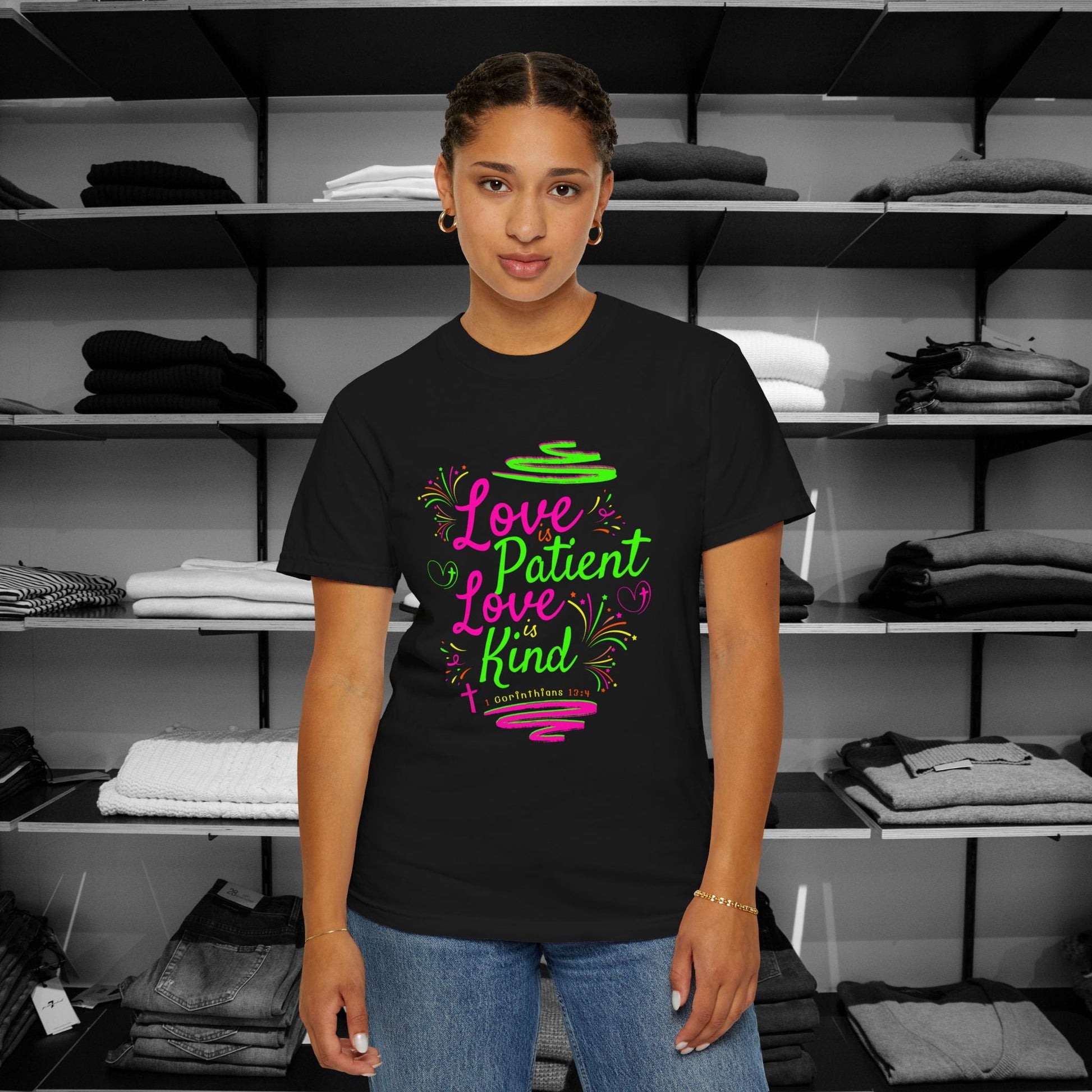 Embrace the timeless message of love with our vibrant Christian shirts featuring the beloved verse from 1 Corinthians 13:4 in Black Color. Shop Now for Premium Comfort Colors Tees