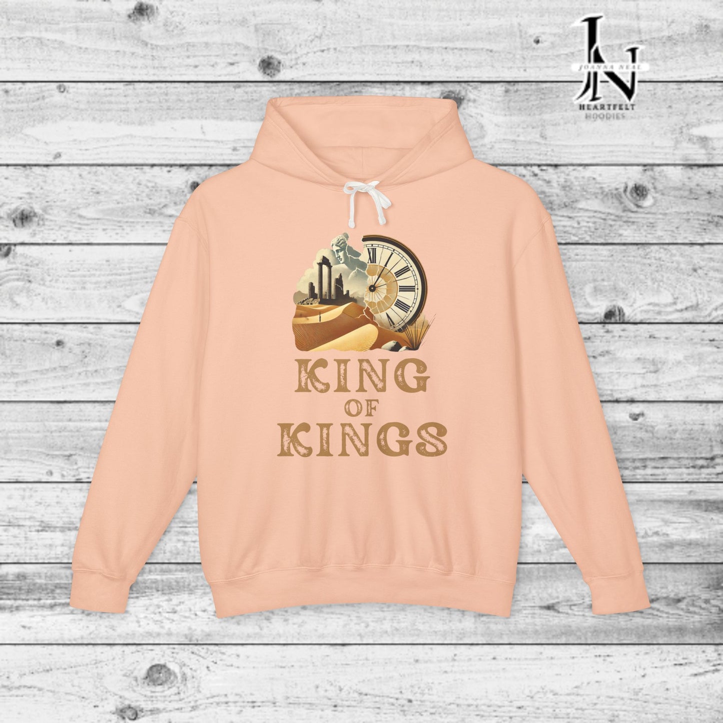 Poetry Clothing - Featuring a vivid desert sunset, a fallen statue, and the iconic quote, "Look on my works, ye mighty, and despair," this hoodie captures the impermanence of power and the beauty of art. The front features the majestic phrase "King of Kings" with a timeless design showcasing a crumbling statue, a clock symbolizing the passage of time, and desert ruins. On the back, the unforgettable quote, "Look on my works, ye mighty, and despair,