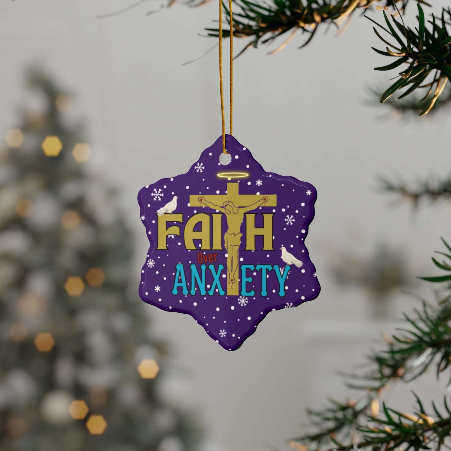 "Faith Over Anxiety" Ceramic Christmas Ornaments| Christian Tree Ornaments